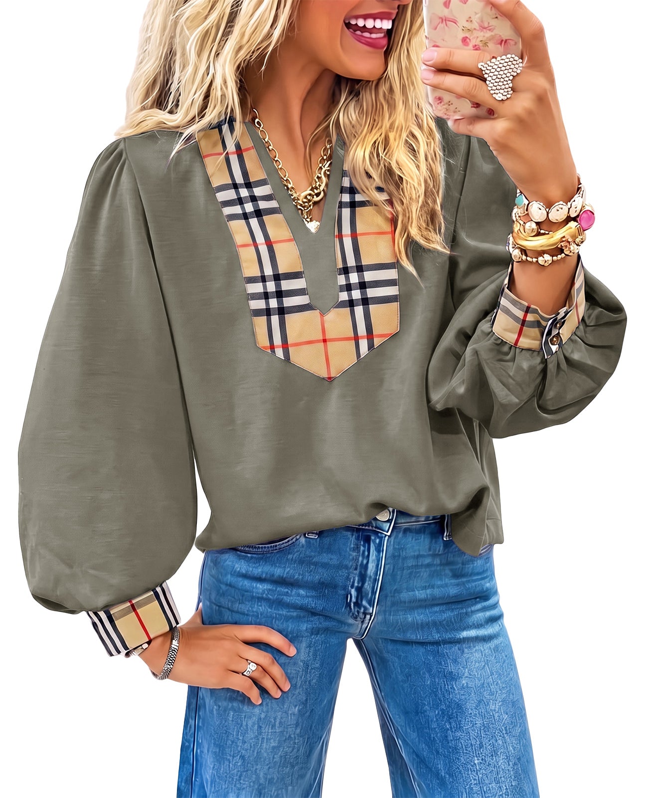 Womens Grey Puff Long Sleeve Blouse | CicyBell