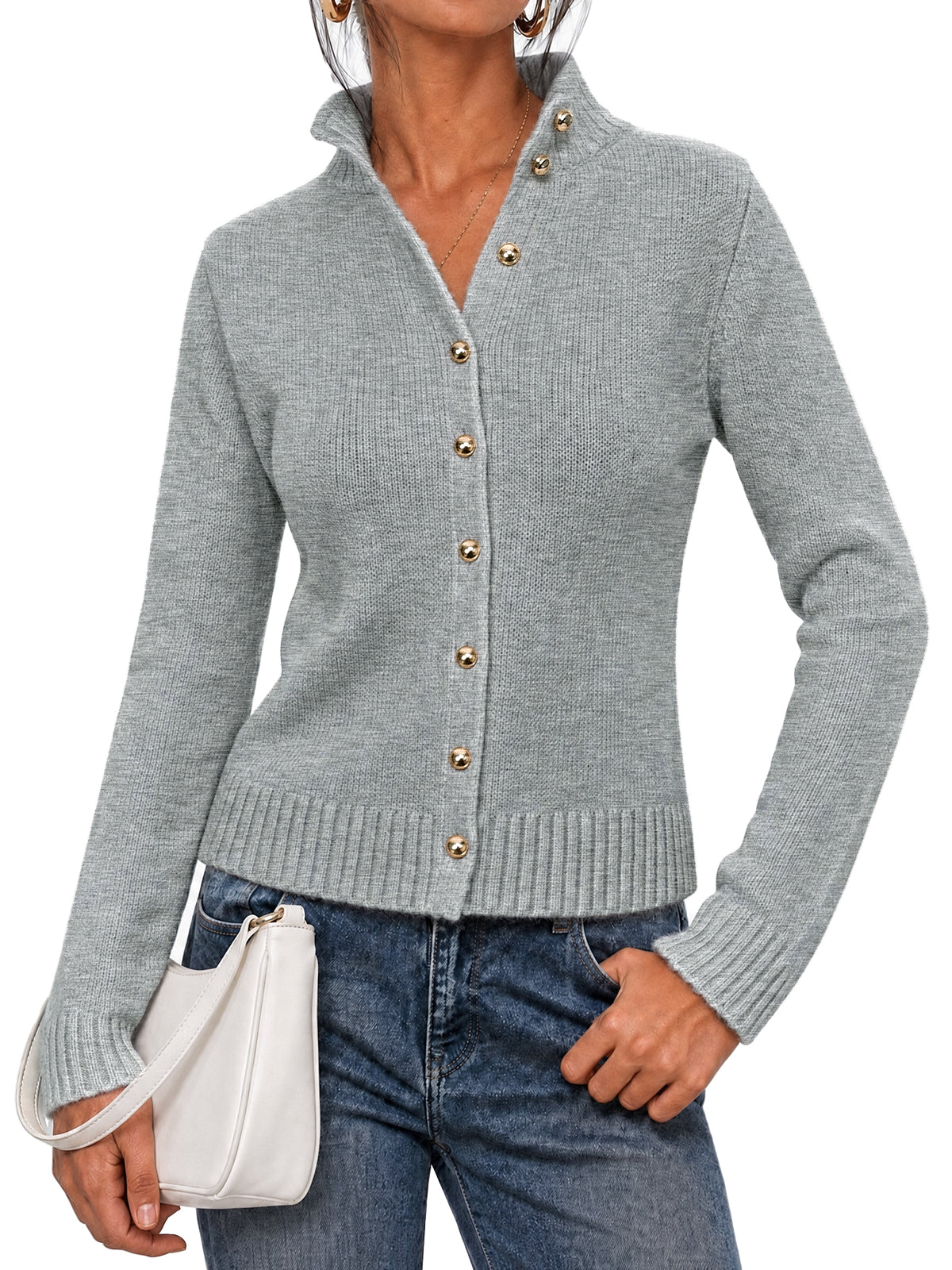 Womens Grey Stand Collar Knit Cardigan | CicyBell