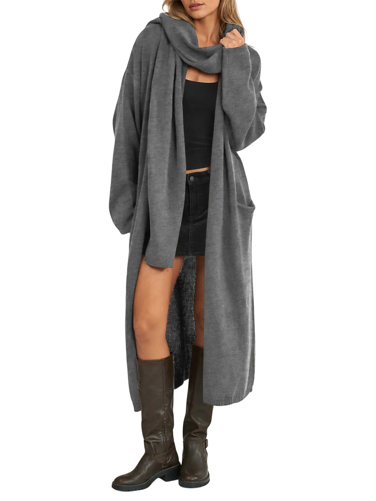 Womens Open Front Knit Sweater with Scarf | Cicy Bell