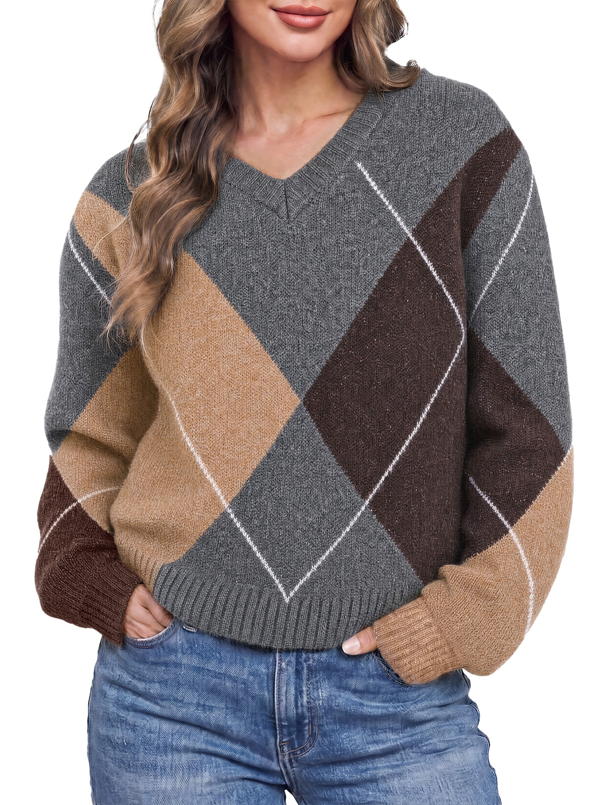 Womens Grey V Neck Argyle Sweaters| CicyBell