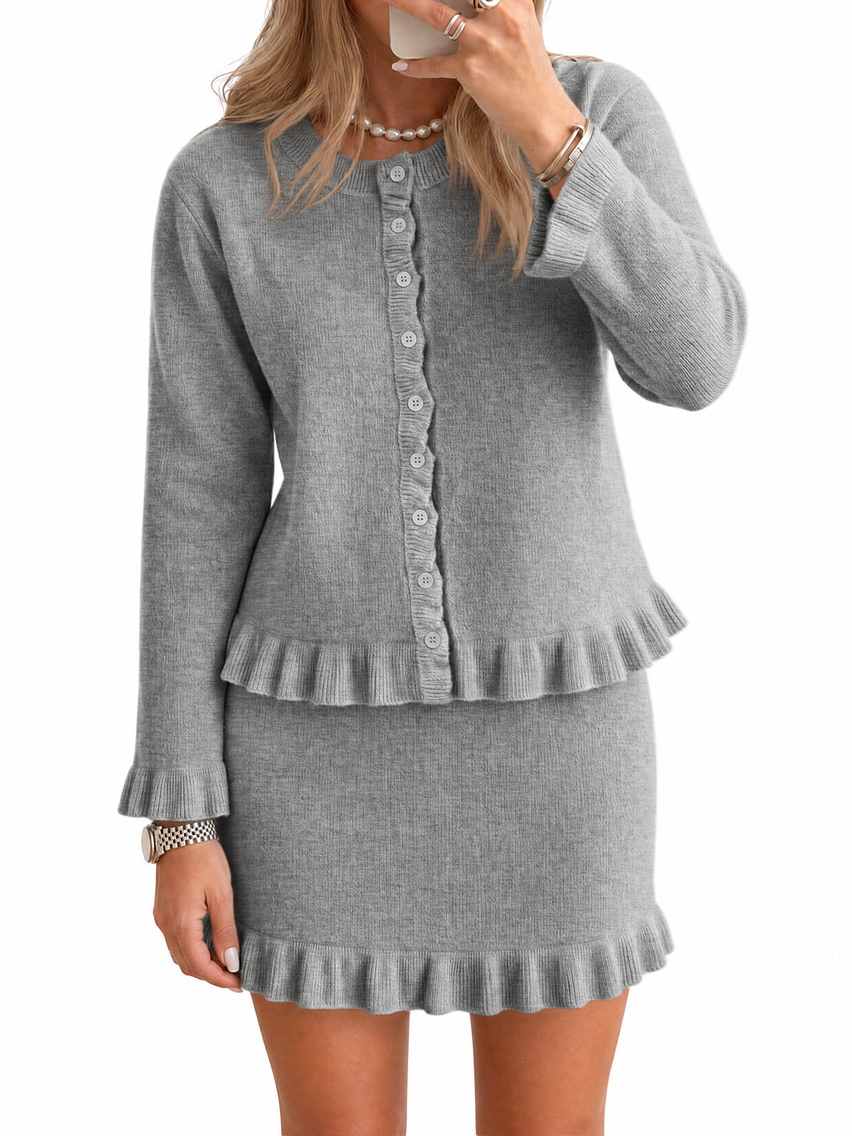 Womens Grey 2 Piece Sweater Skirt Set | CicyBell