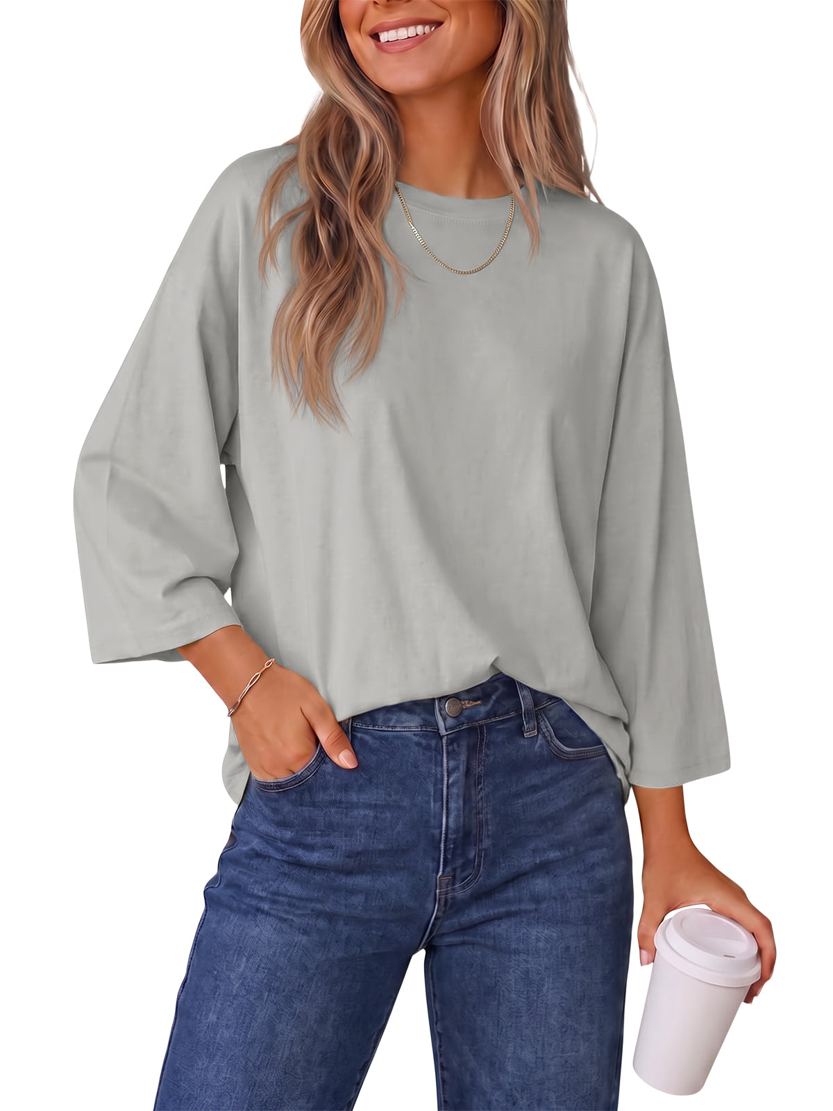 Womens Grey 3/4 Sleeve T Shirts | CicyBell