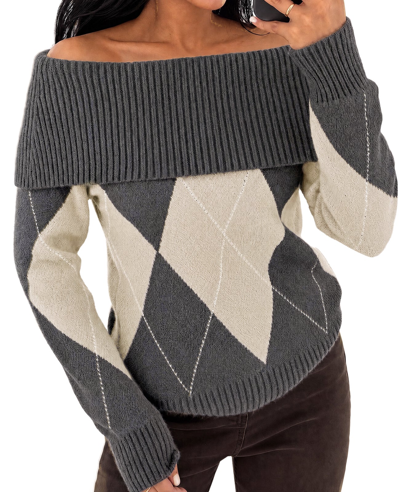 Womens Dark Grey Off the Shoulder Argyle Sweater | CicyBell