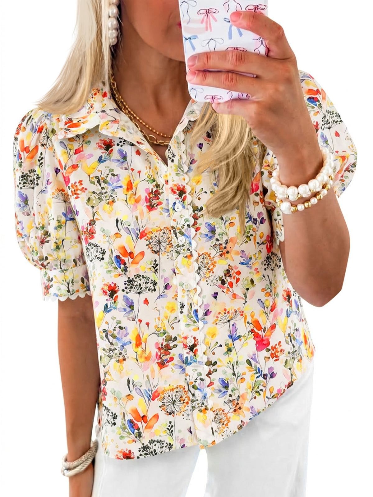 Womens White Floral Puff Sleeve Button Down Shirts | CicyBell