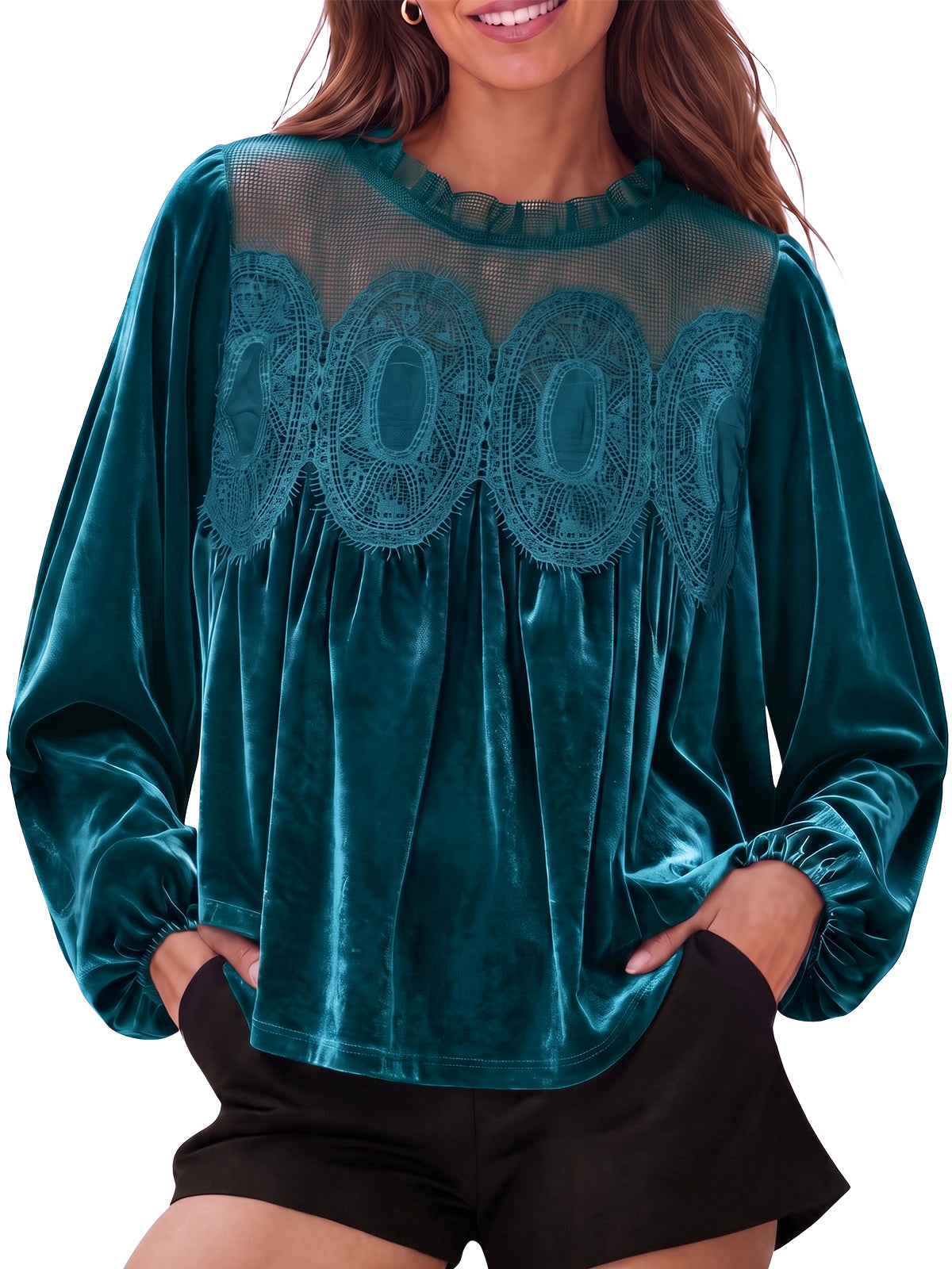 Womens Lake Blue Velvet Babydoll Tops | CicyBell
