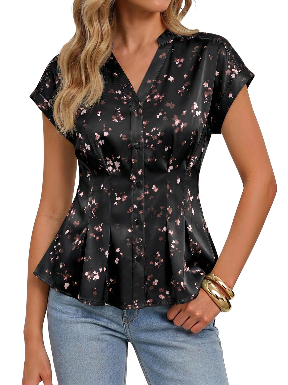 Womens Black Floral Satin Blouse | CicyBell