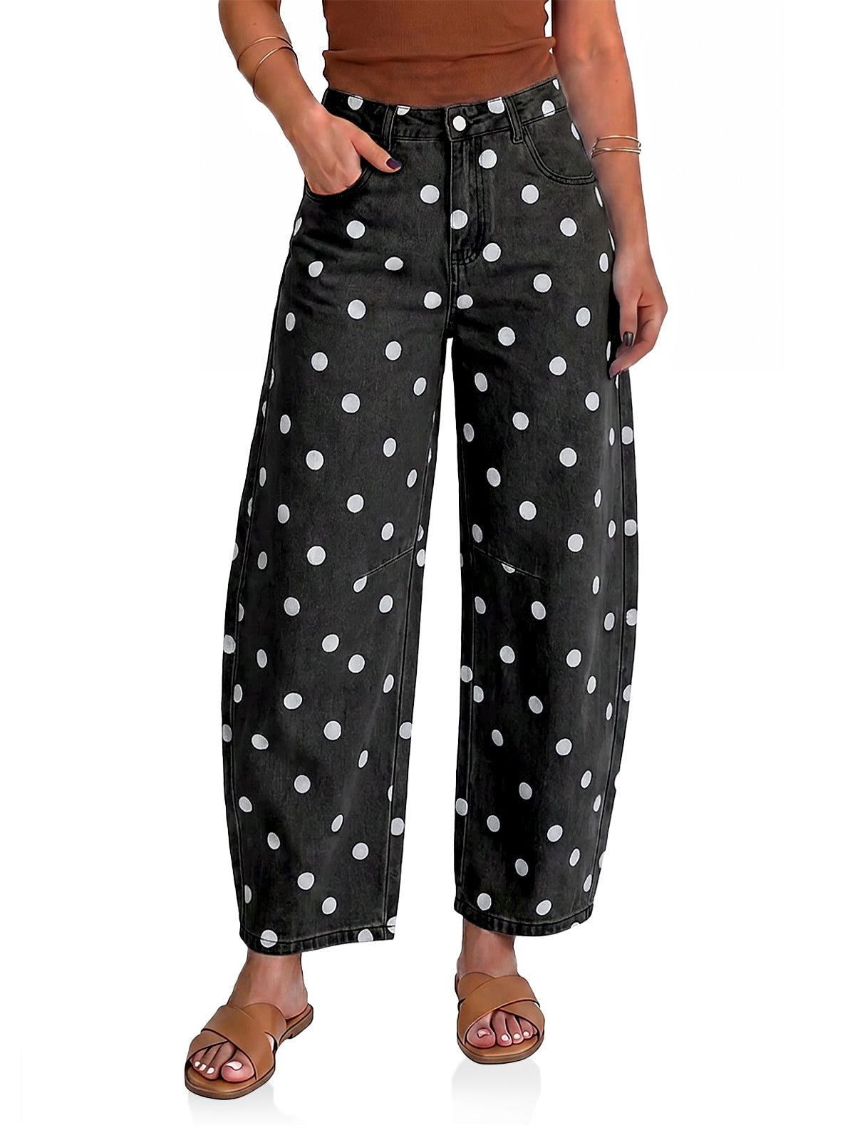 Womens Black Polka Dot Barrel Jeans| CicyBell