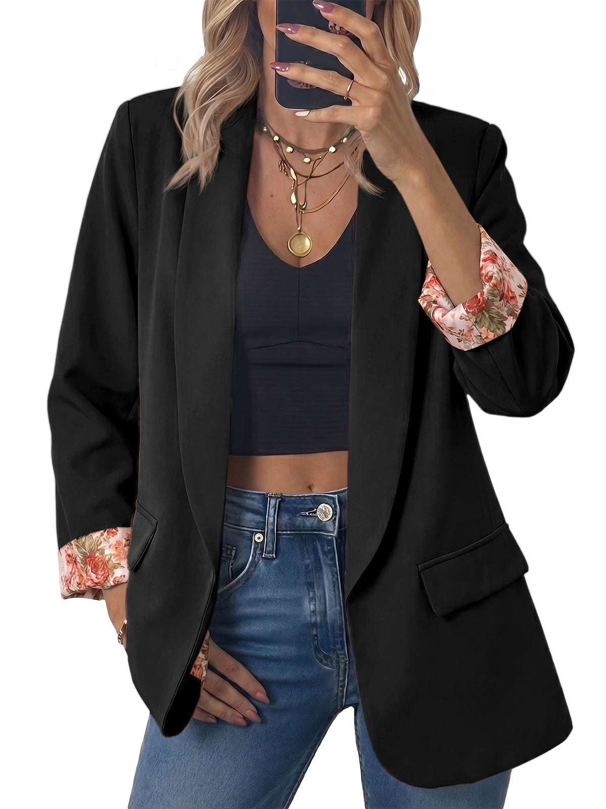Womens Floral Black Business Casual Blazer | CicyBell