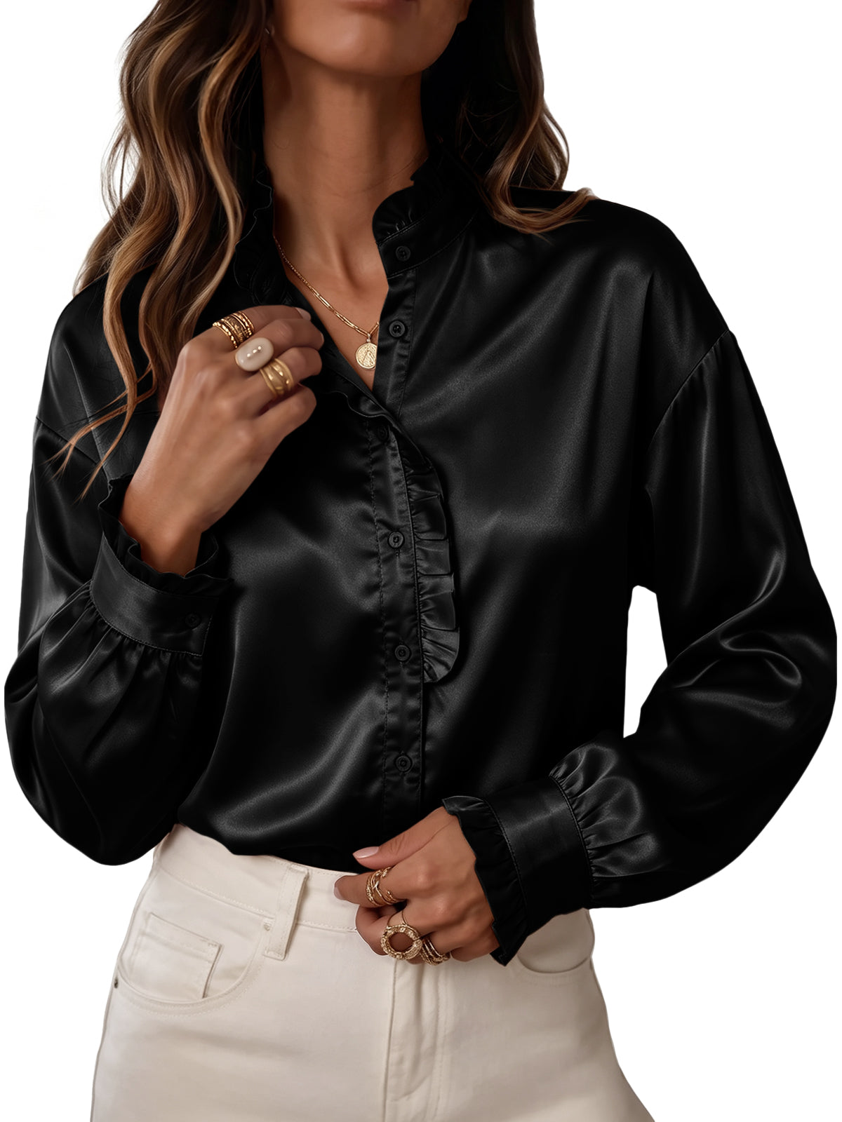 Womens Black Satin Button Down Shirts | CicyBell