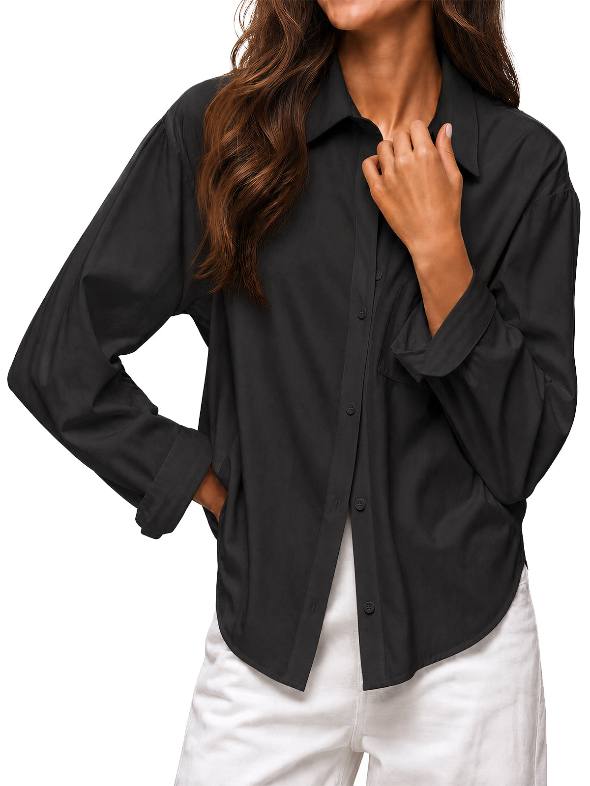 Womens Black Long Sleeve Button Down Shirt | CicyBell