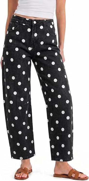 Women Black Polka Dot Barrel Jeans | CicyBell