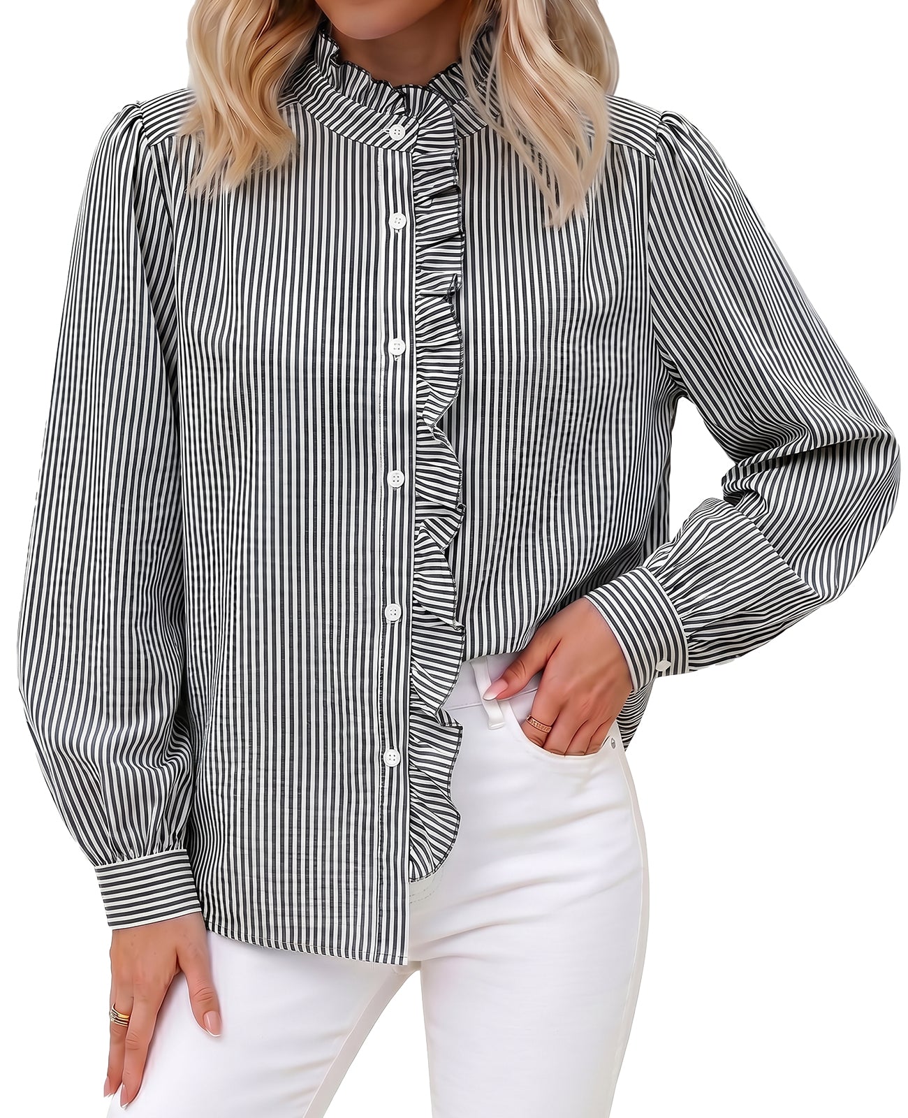 Womens Black Ruffle Striped Button Down Shirts | CicyBell