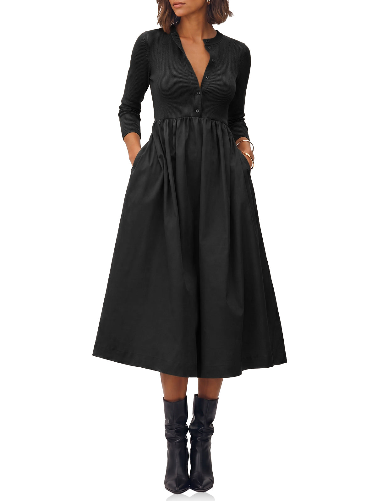Womens Black Long Sleeve A-Line Midi Dress| CicyBell