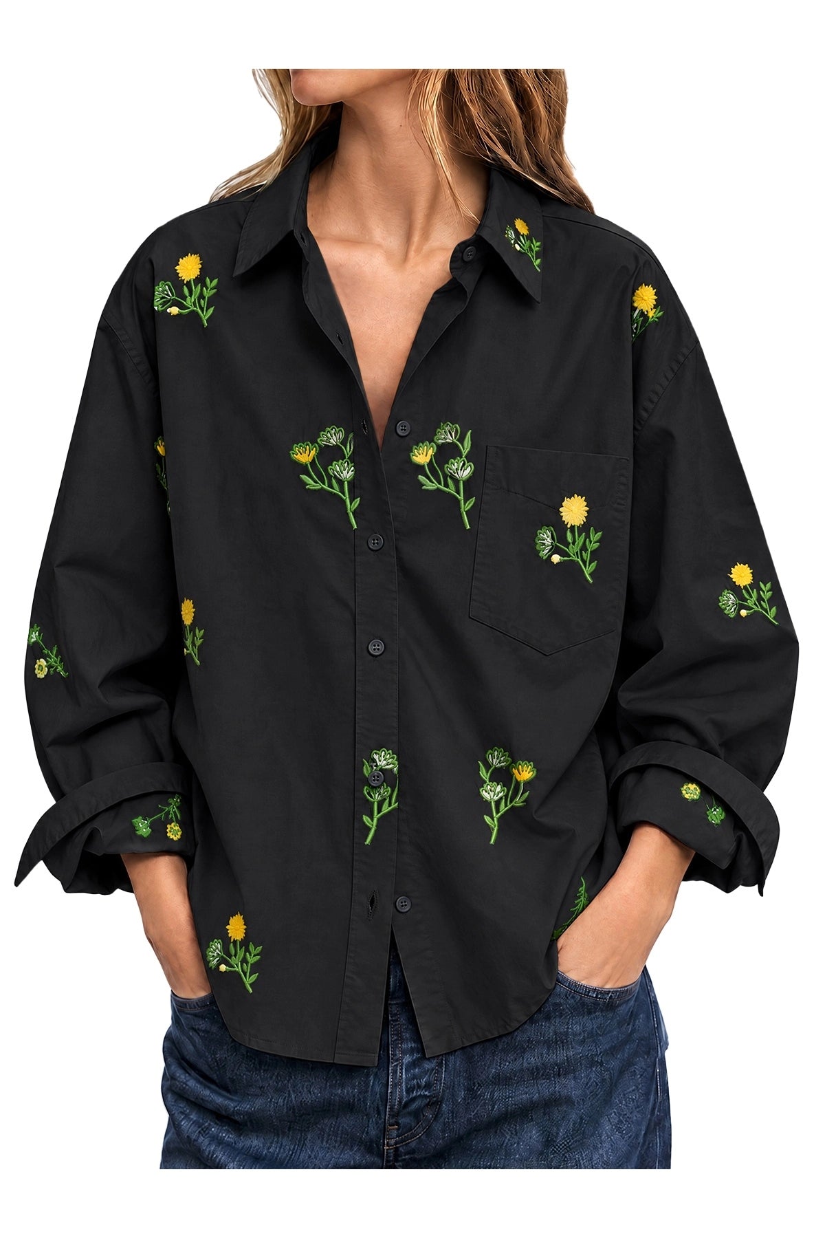 Womens Boho Floral Embroidery Sleeve Button Tops | Cicy Bell