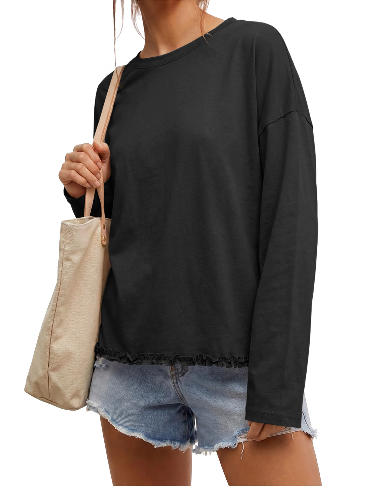 Womens Black Oversized Ruffle Hem Tops | CicyBell