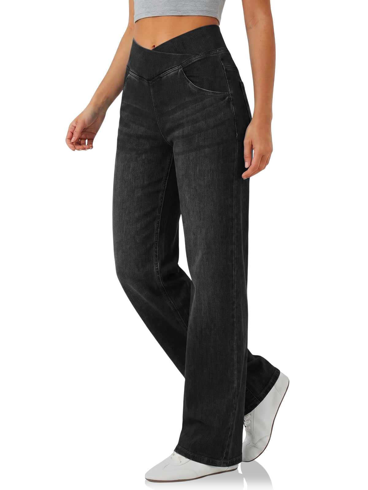Womens Black Pull On Wide Leg Jeans | Cicy Bell