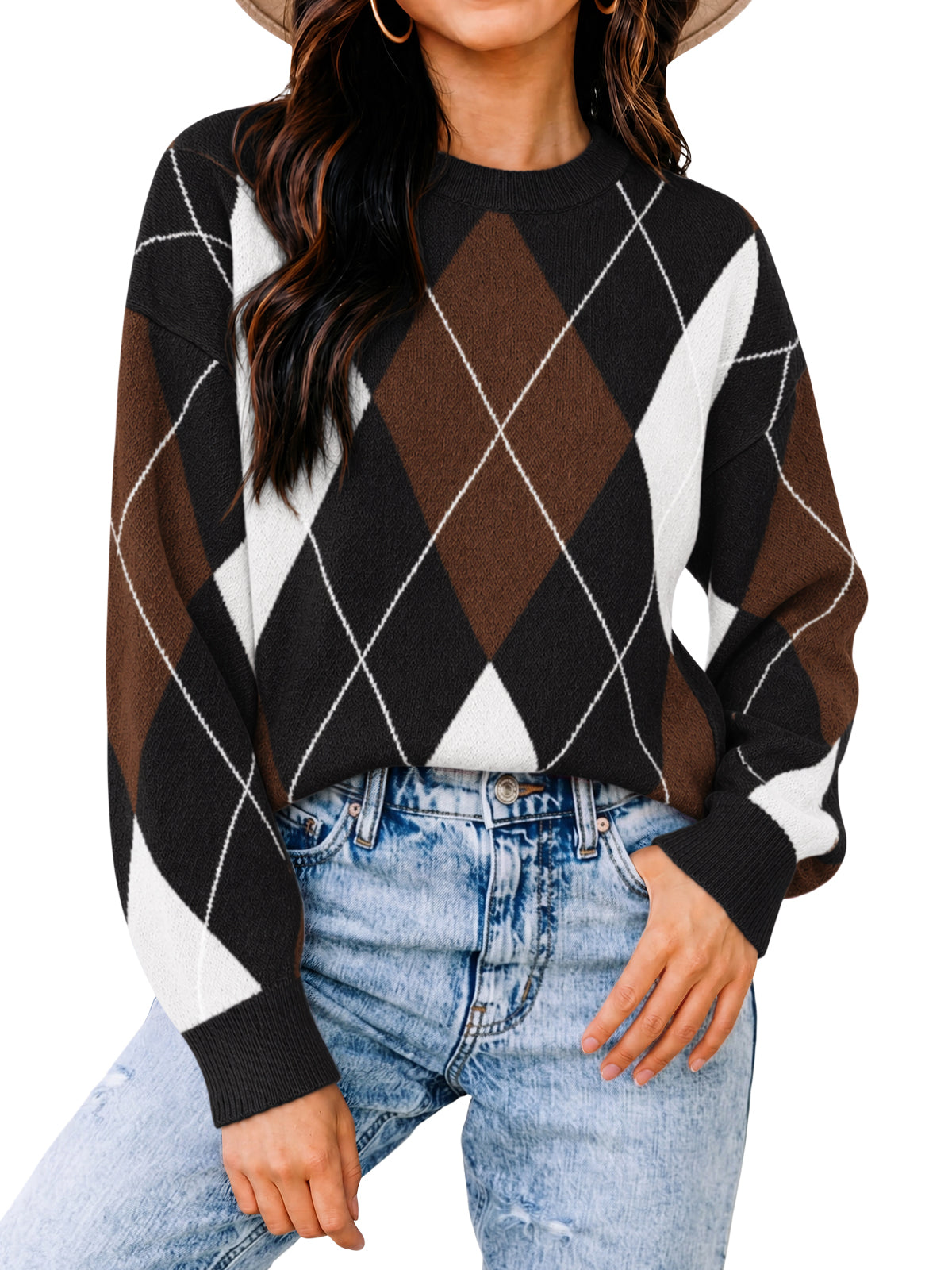 Womens Black  Crew Neck Argyle Sweater | CicyBell