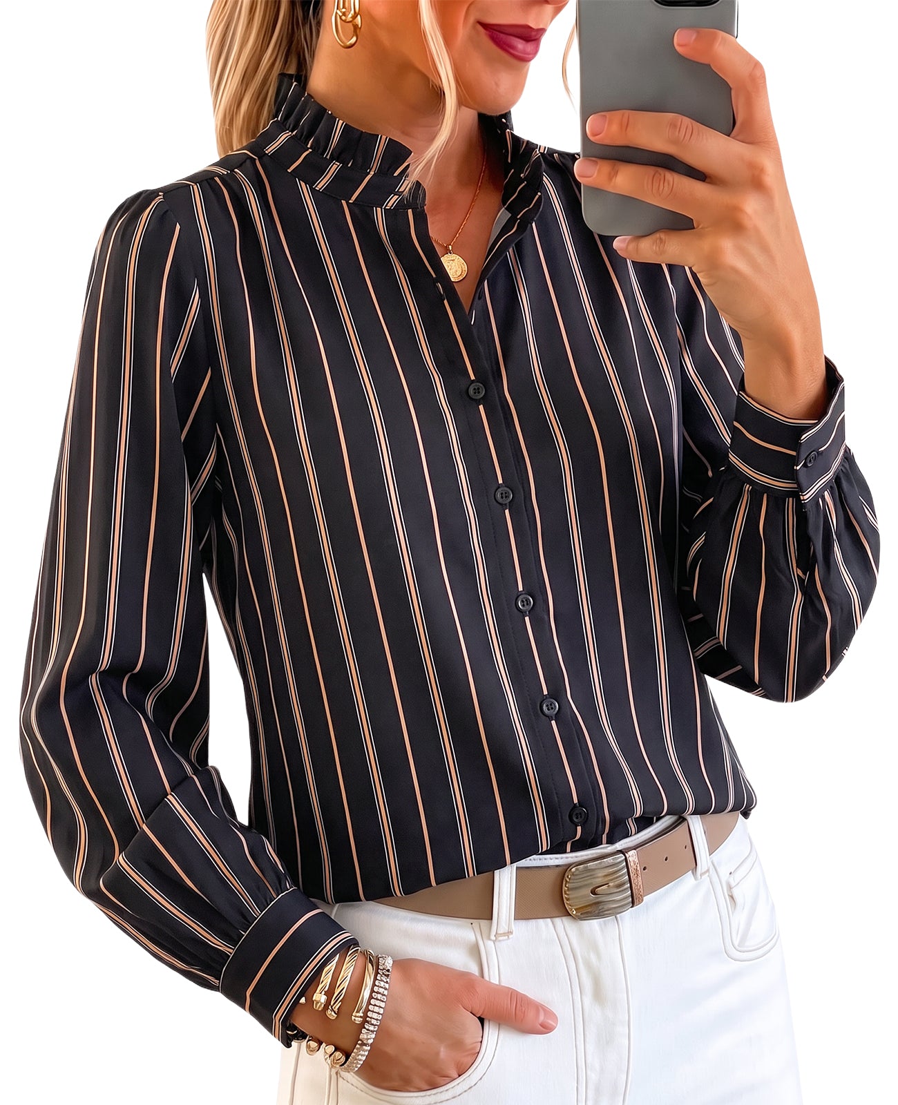 Womens Black Striped Button Down Shirts | CicyBell