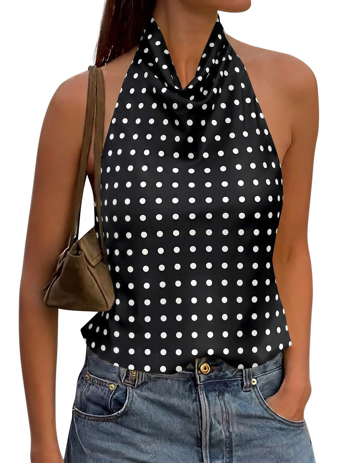 Womens Polka Dots Black Satin Halter Tops| CicyBell