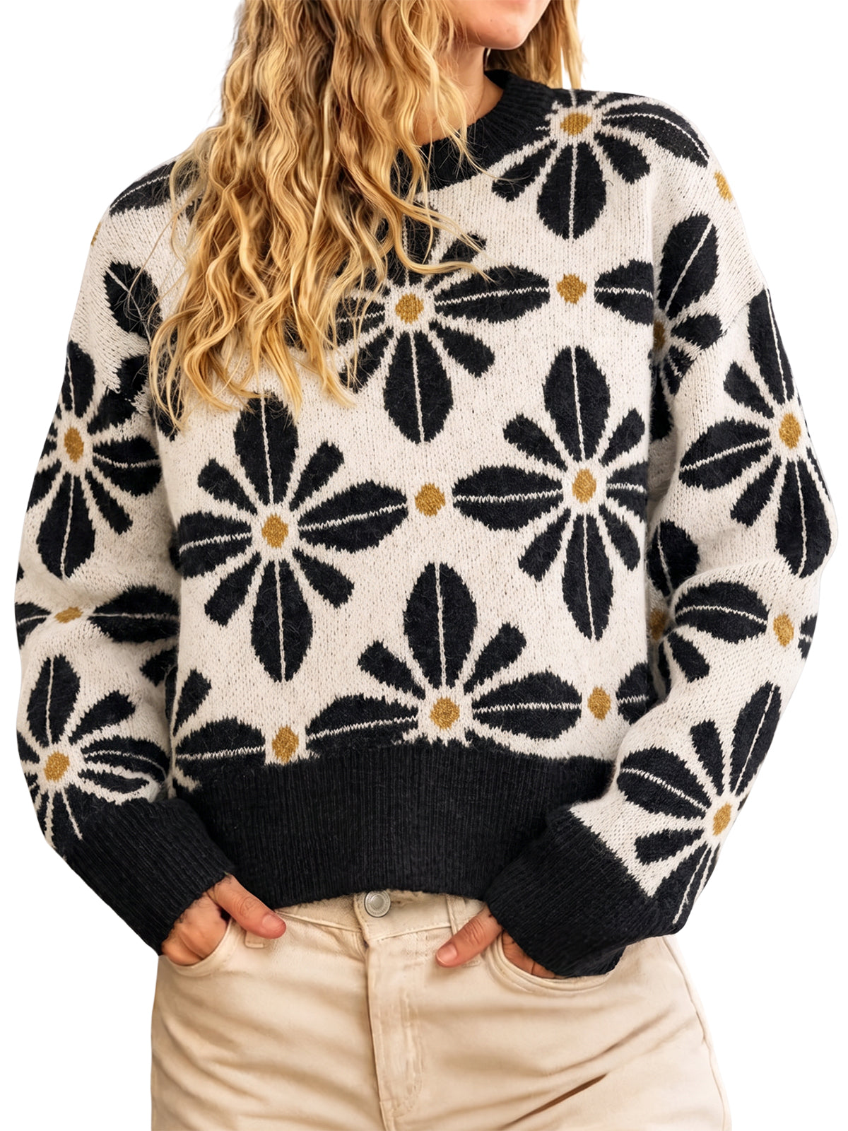 Womens Black Long Sleeve Floral Sweater | CicyBell