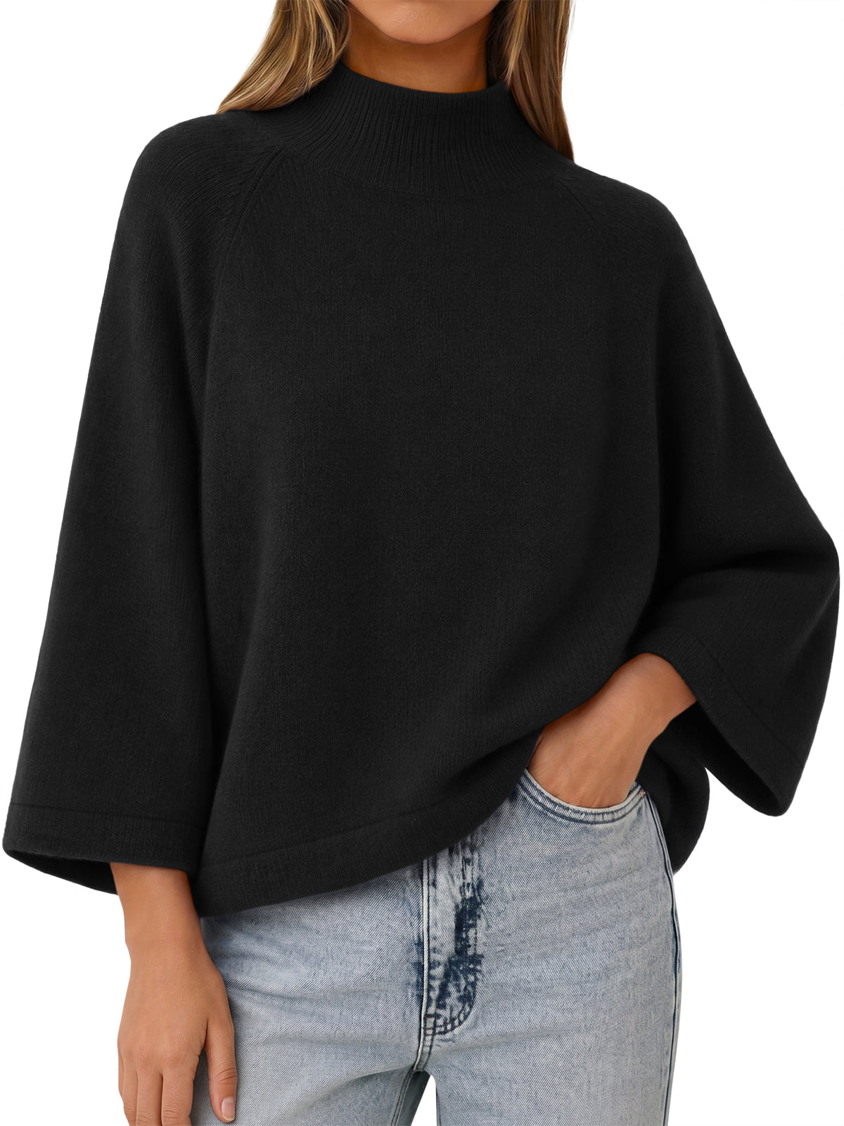 Womens Black 3/4 Sleeve Knit Sweater | CicyBell