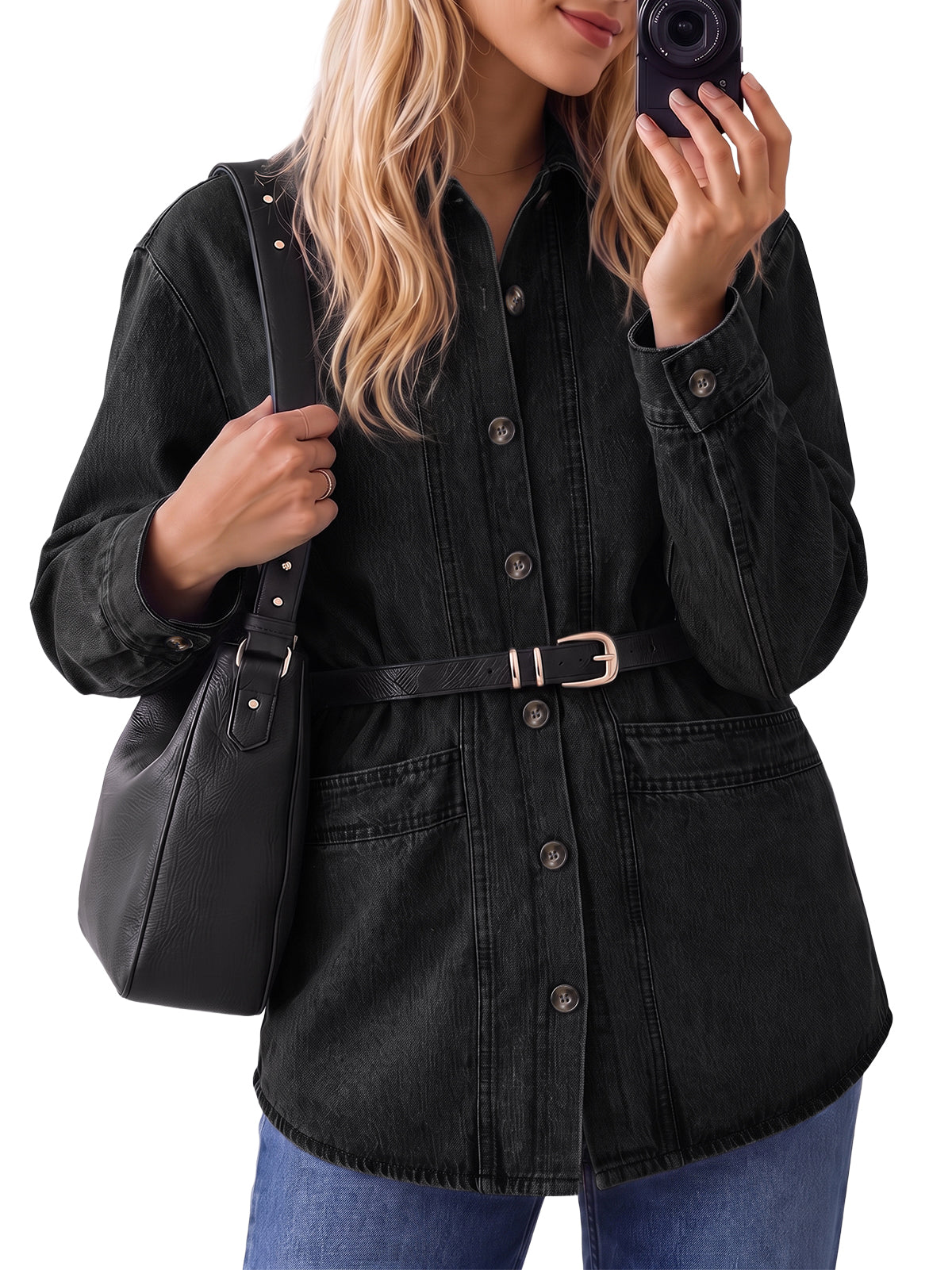 Womens Black Button Down Denim Jacket | CicyBell