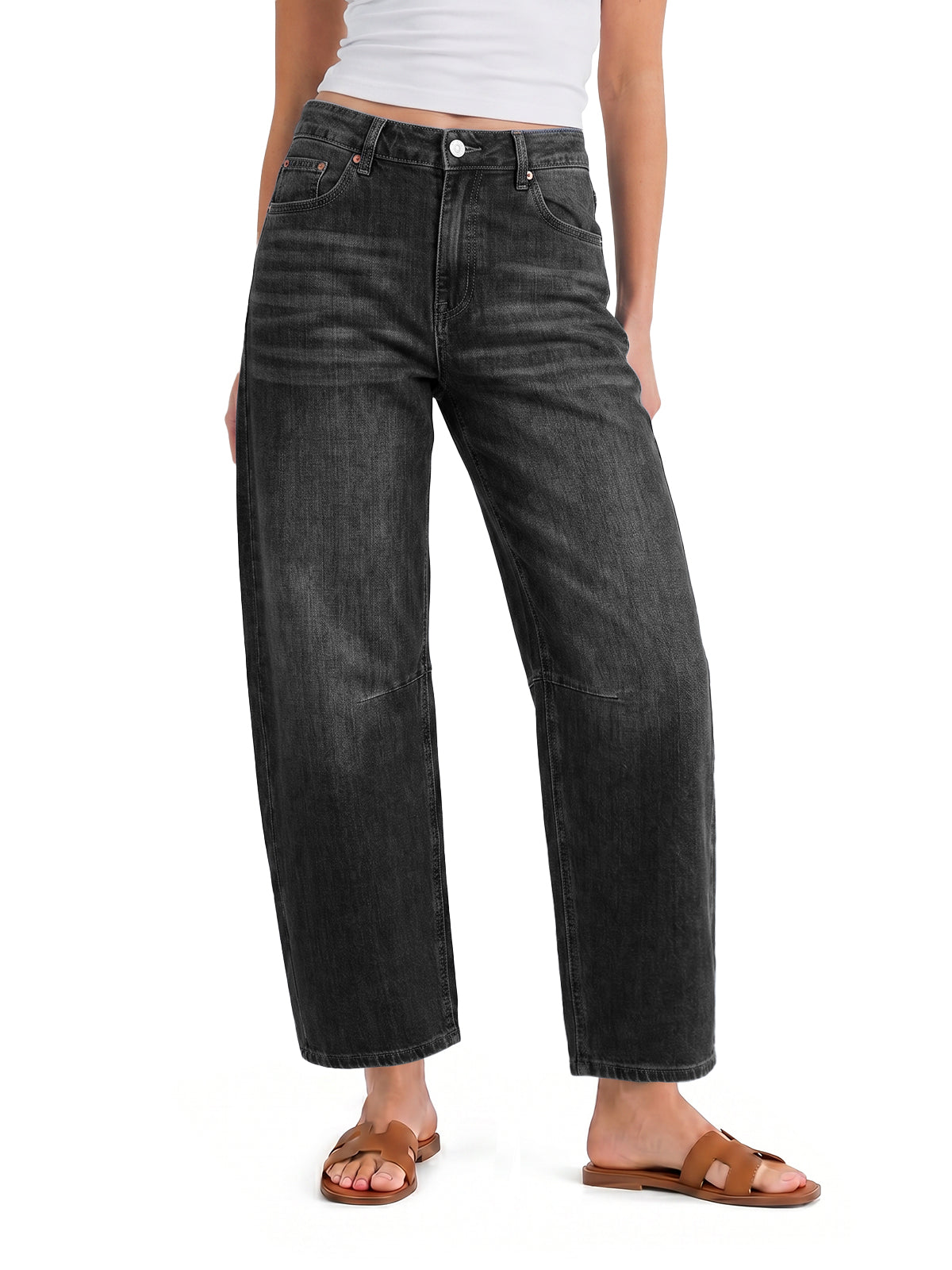 Women Black Casual Barrel Cropped Jeans | CicyBell