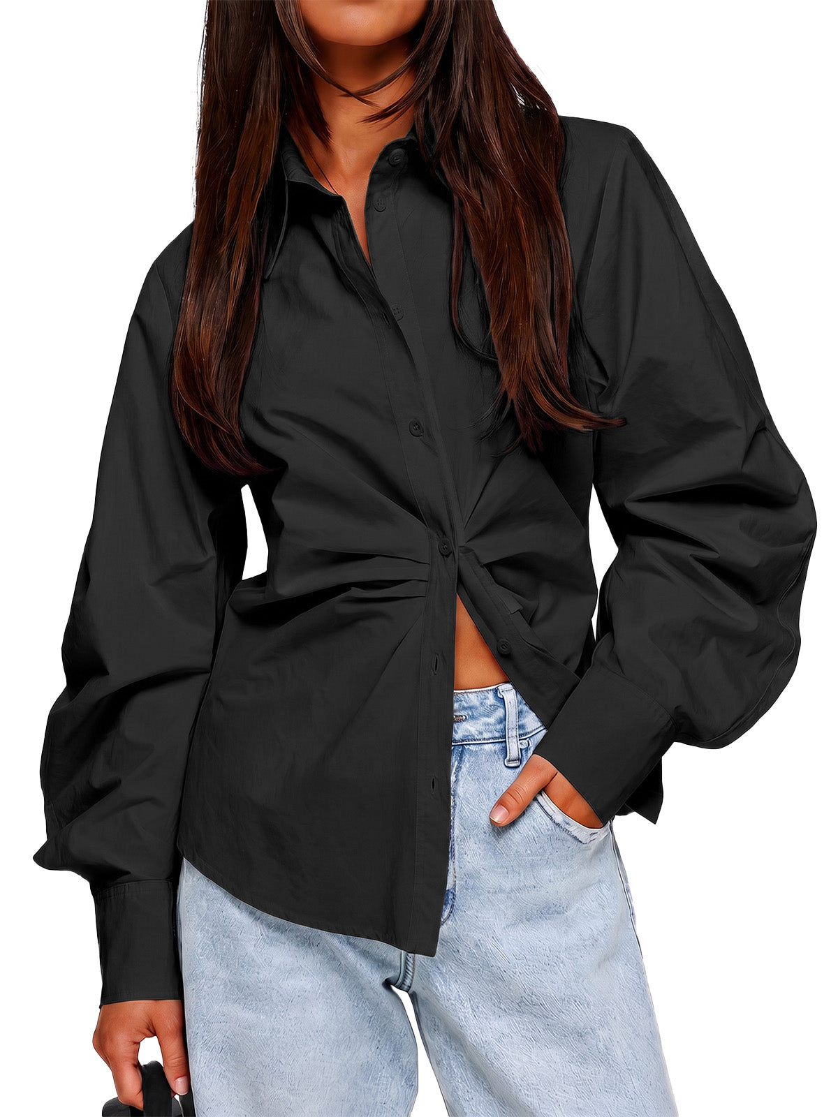 Womens Black Ruched Button Down Shirts | CicyBell