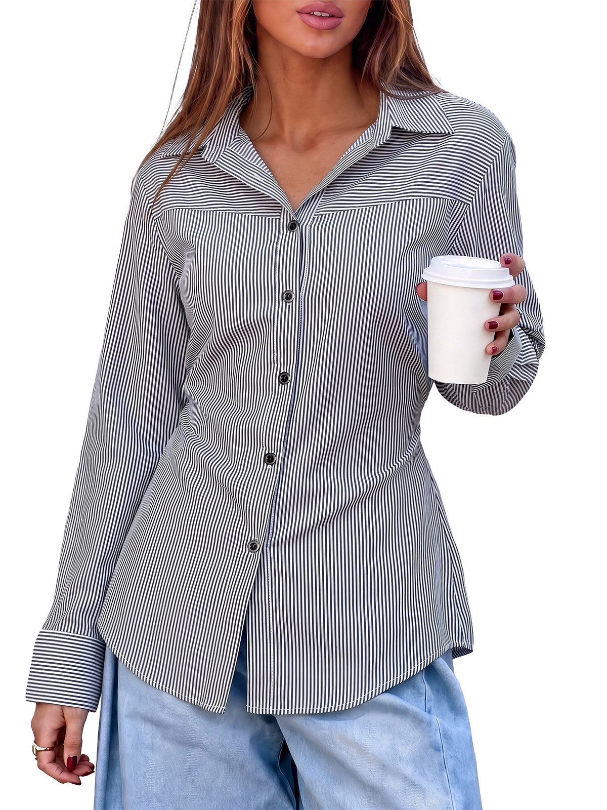 Womens Black Striped Button Down Shirt | CicyBell
