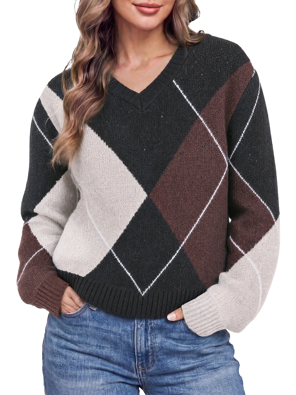 Womens Black V Neck Argyle Sweaters| CicyBell