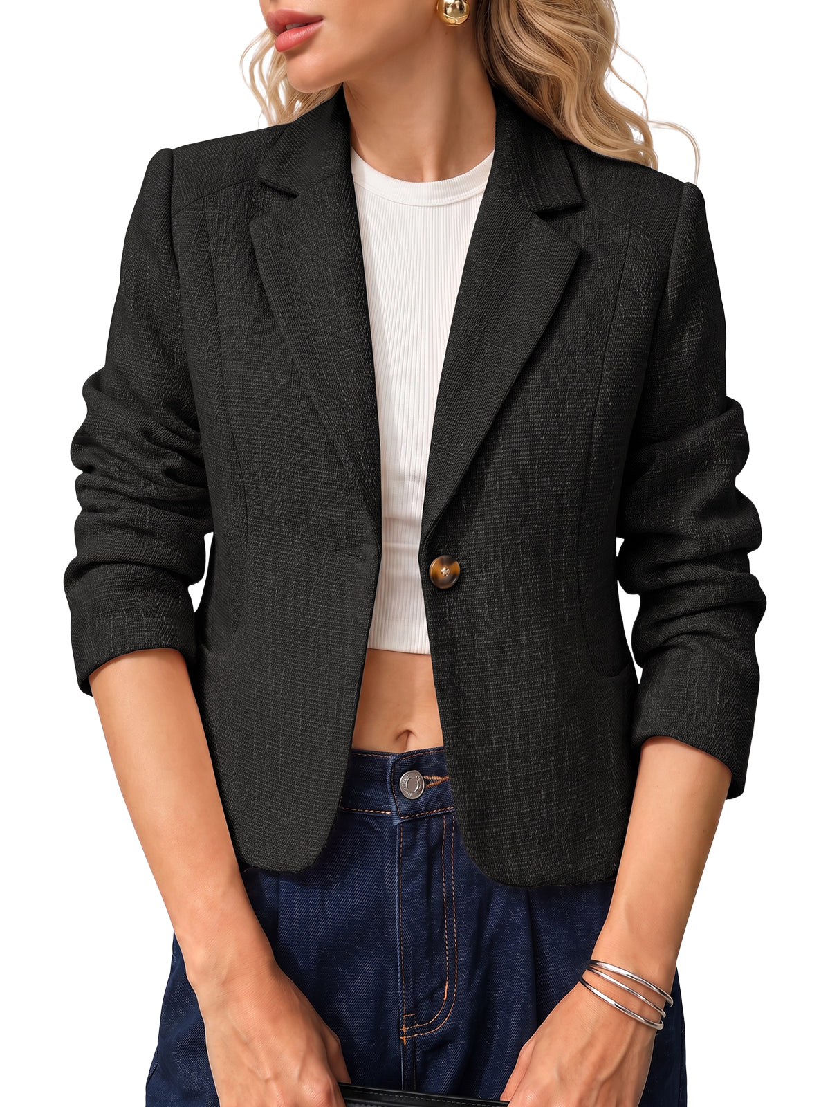 Womens Black Collared Cropped Blazers | CicyBell