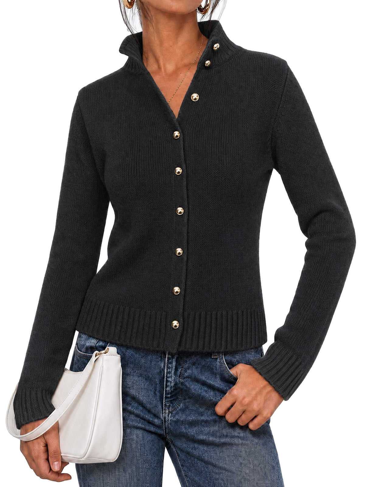 Womens Black Stand Collar Knit Cardigan | CicyBell