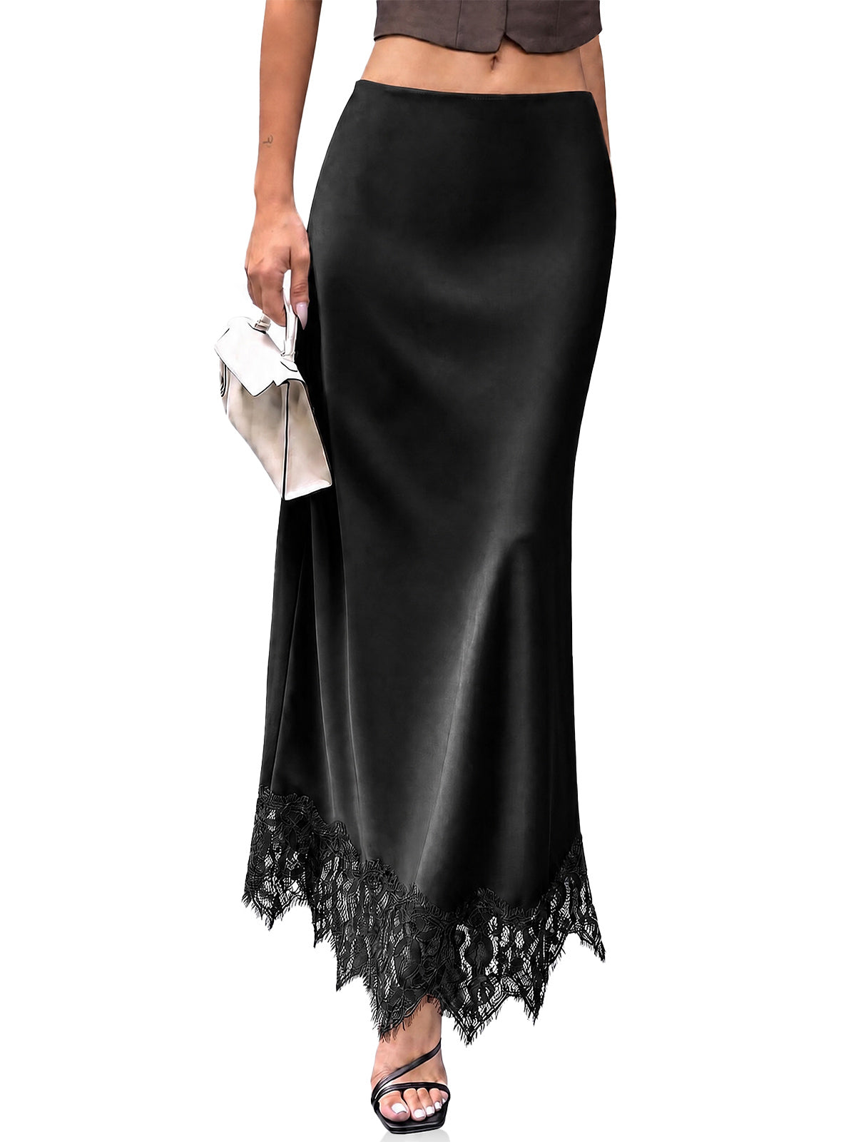 Womens Black Lace Flowy Satin Skirts | CicyBell