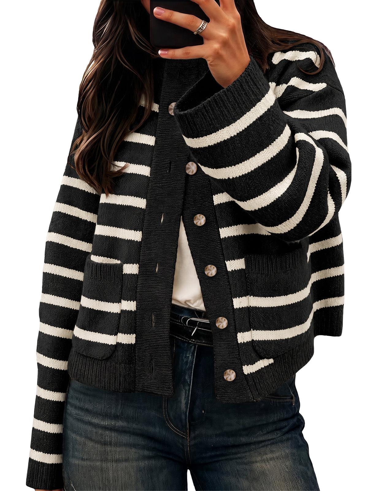 Womens Black Striped Fall Cardigan | CicyBell