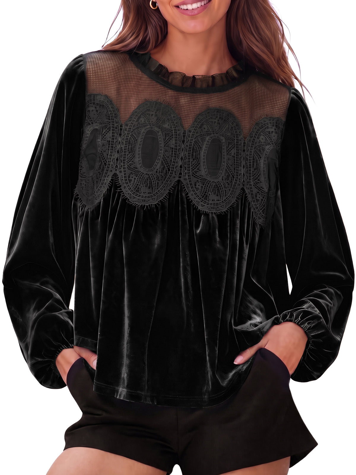 Womens Black Velvet Babydoll Tops | CicyBell