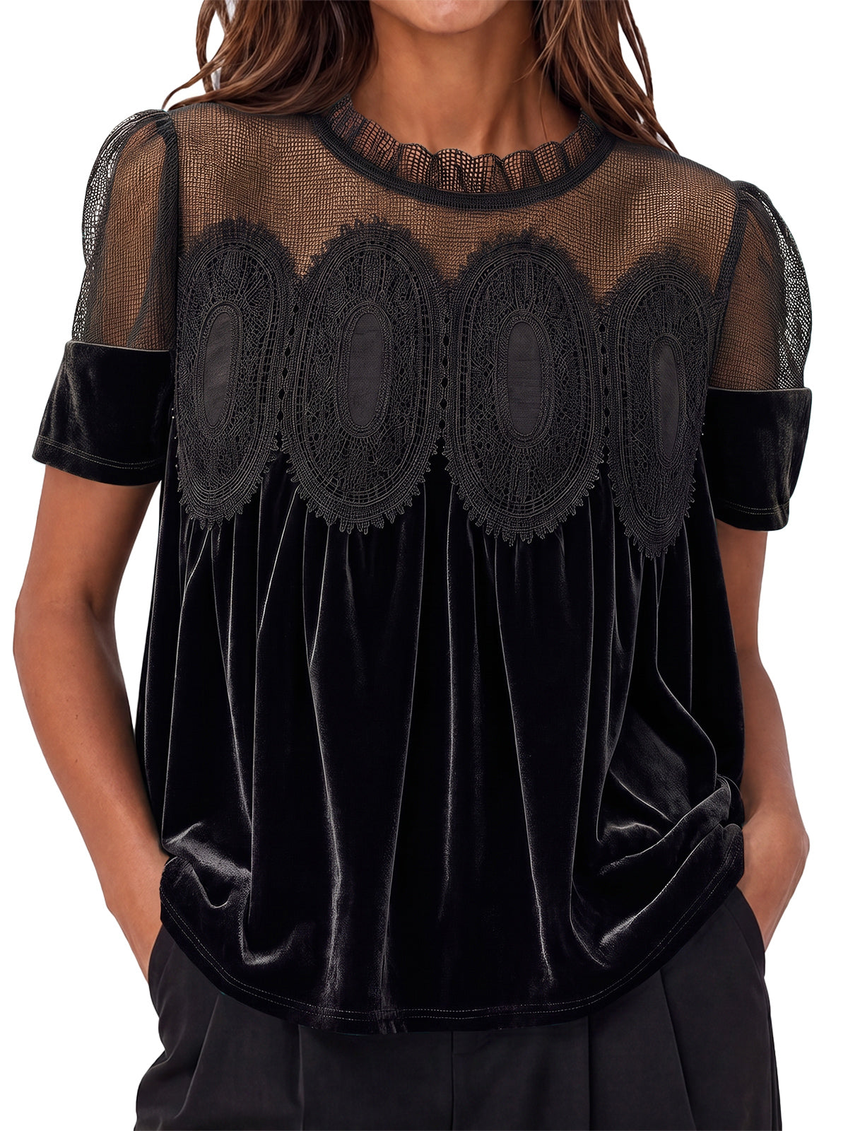Womens Black Velvet Lace Tops | CicyBell