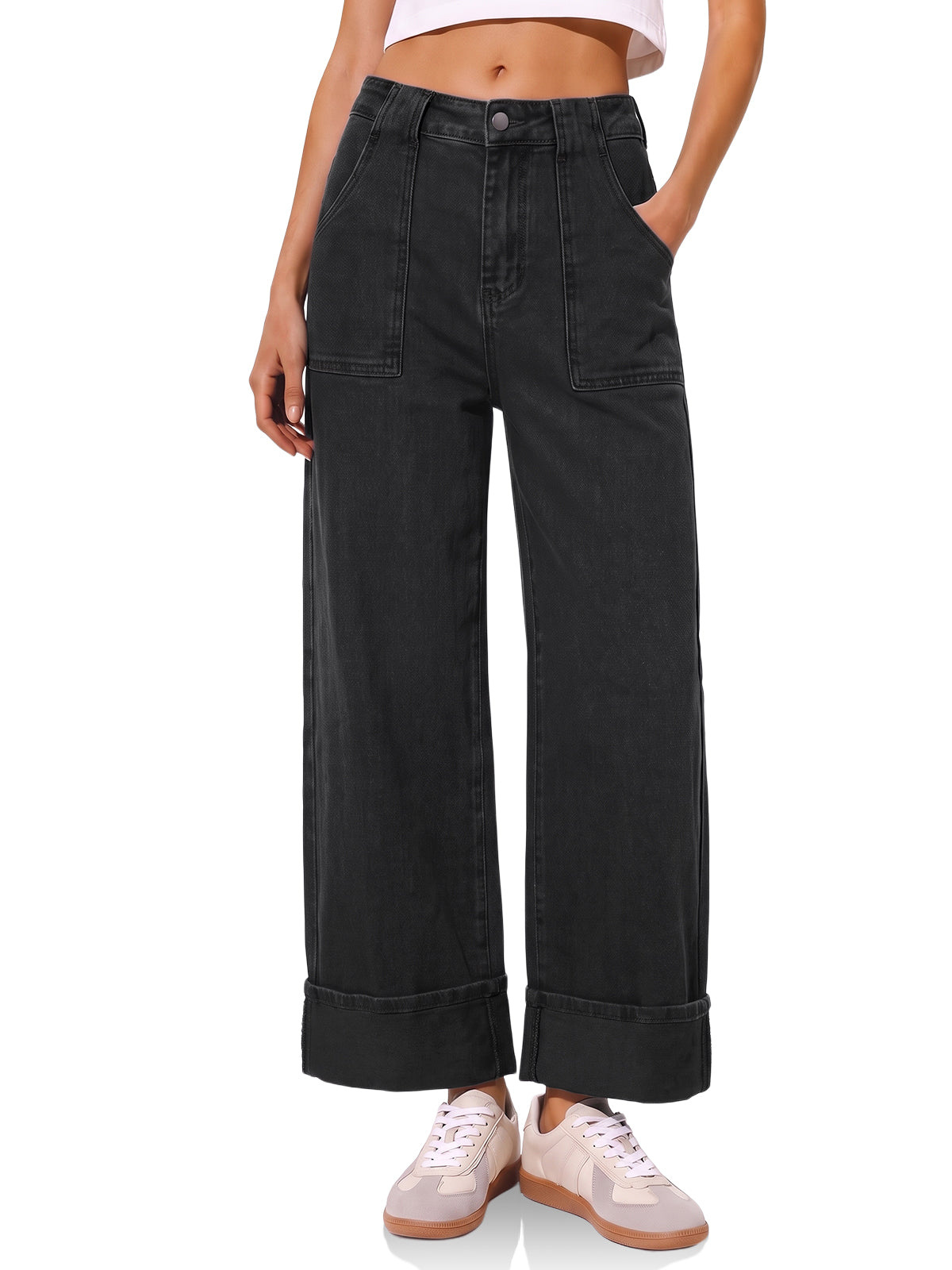 Womens Barrel Cuffed High Waisted Wide Leg Jeans | Cicy Bell