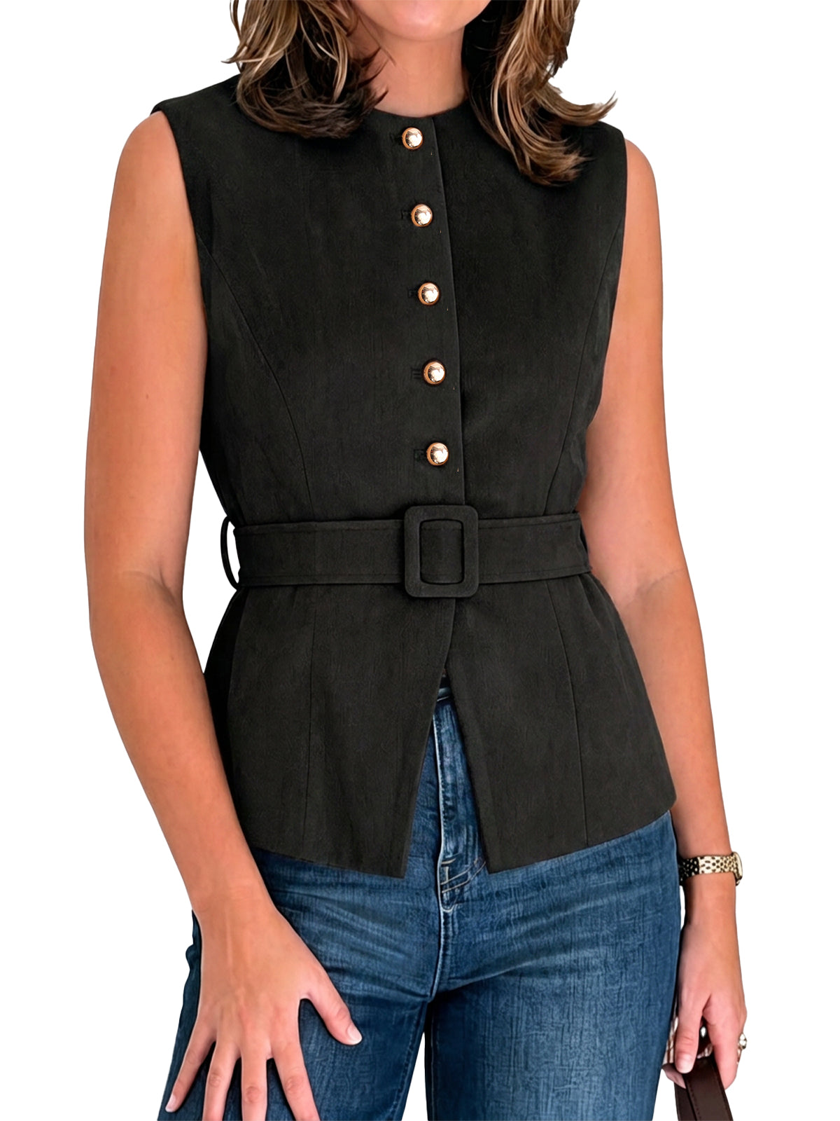 Womens Black Suede Button Down Belted Vest | CicyBell