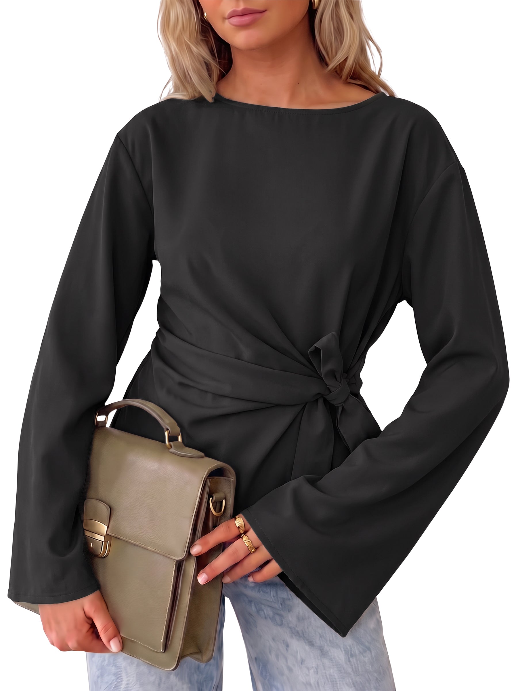 Womens Black Cinched Waist Wrap Tops | CicyBell