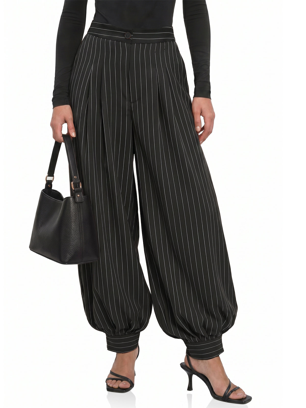 Womens Striped Black Pleated Dress Pants | CicyBell
