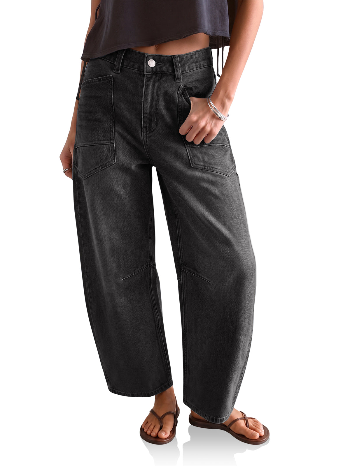 Womens Black Cropped Barrel Jeans | CicyBell