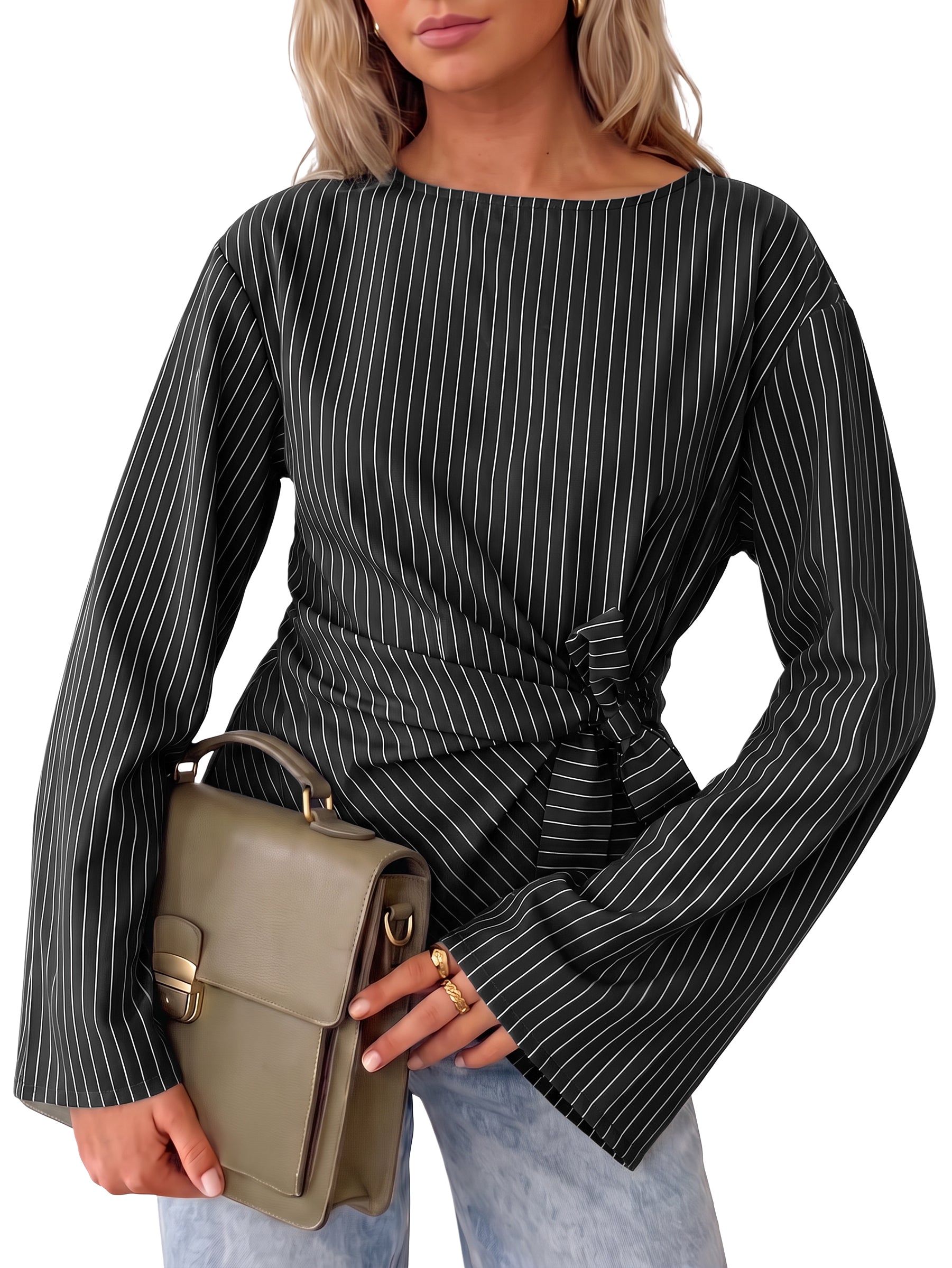 Womens Black Cinched Waist Wrap Tops | CicyBell