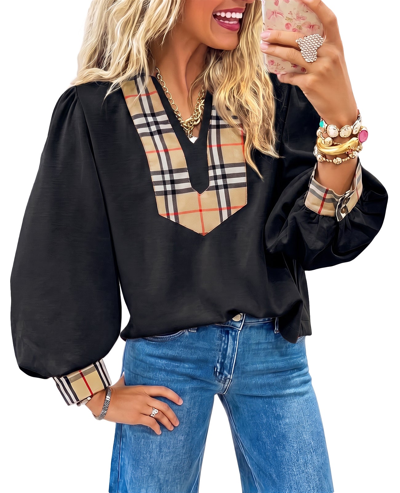 Womens Black Puff Long Sleeve Blouse | CicyBell