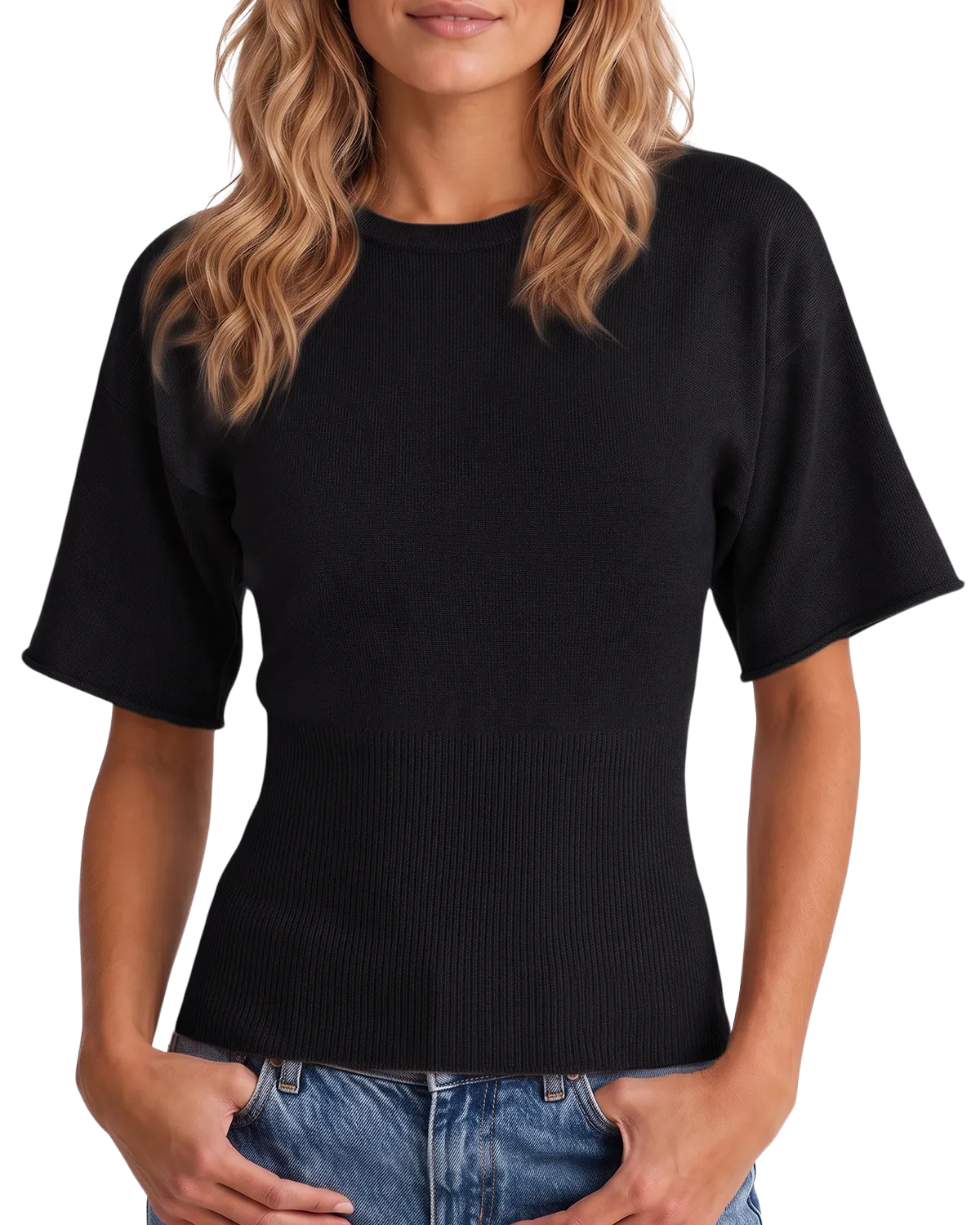 Womens Black Cinched Waist Crop Sweater | CicyBell