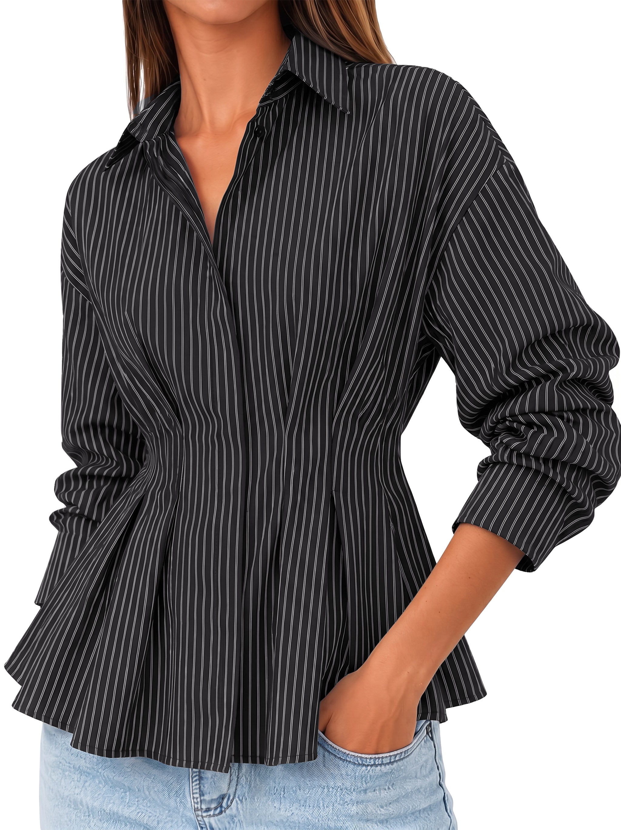 Women Black Striped Button Down Shirts | CicyBell