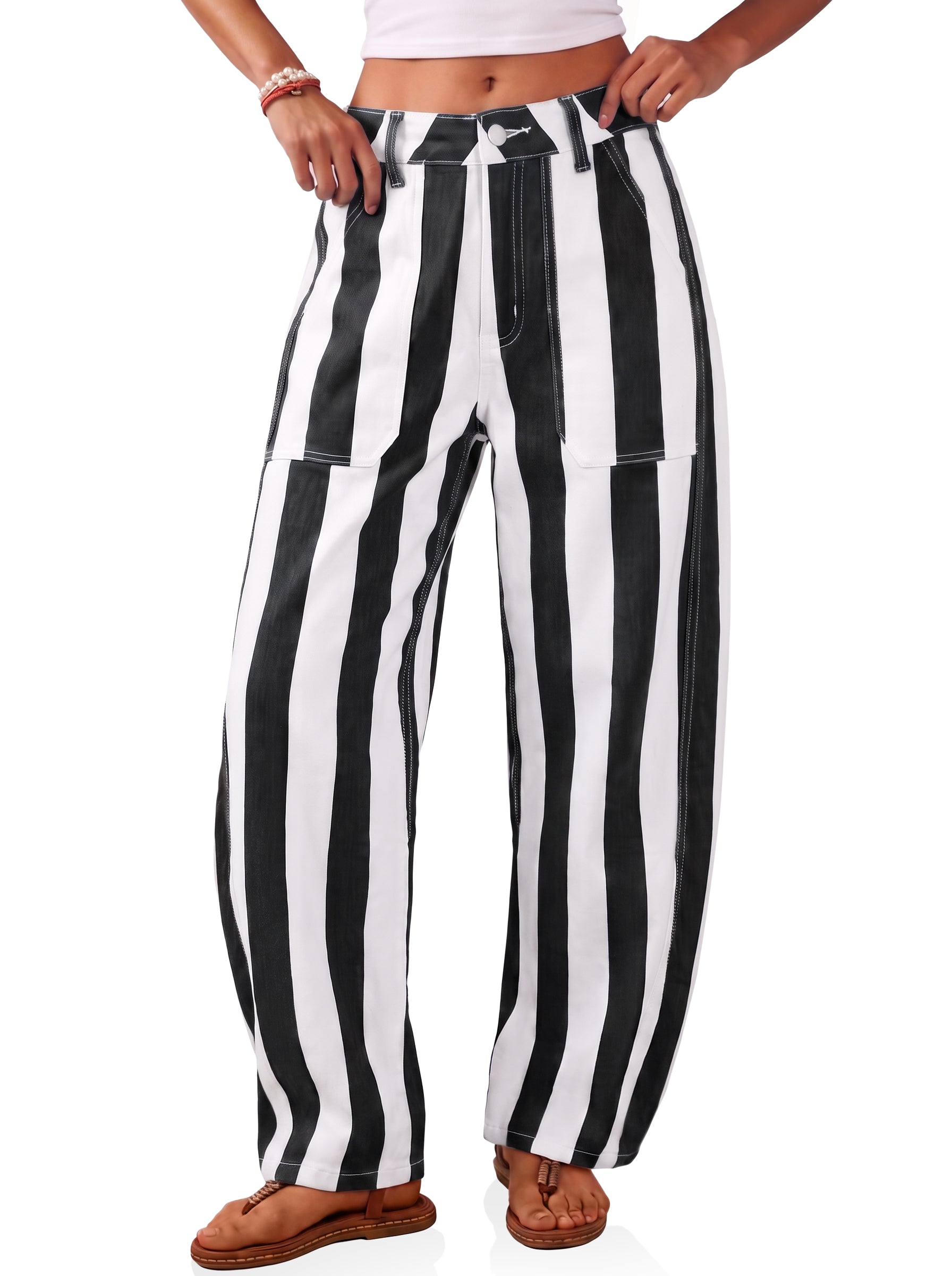 Womens Black Striped Barrel Jeans | CicyBell