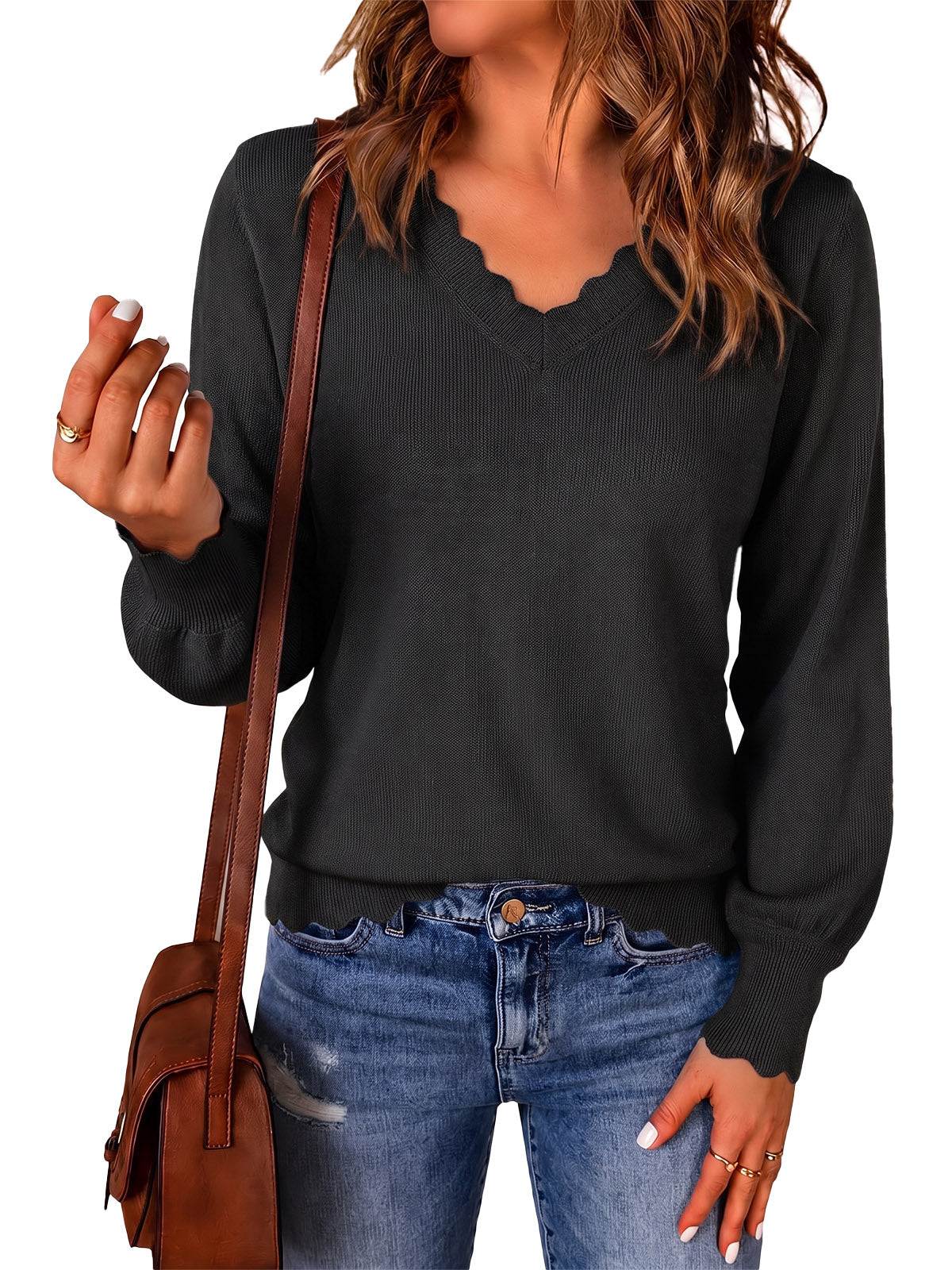 Womens Black V Neck Long Sleeve Sweater | CicyBell