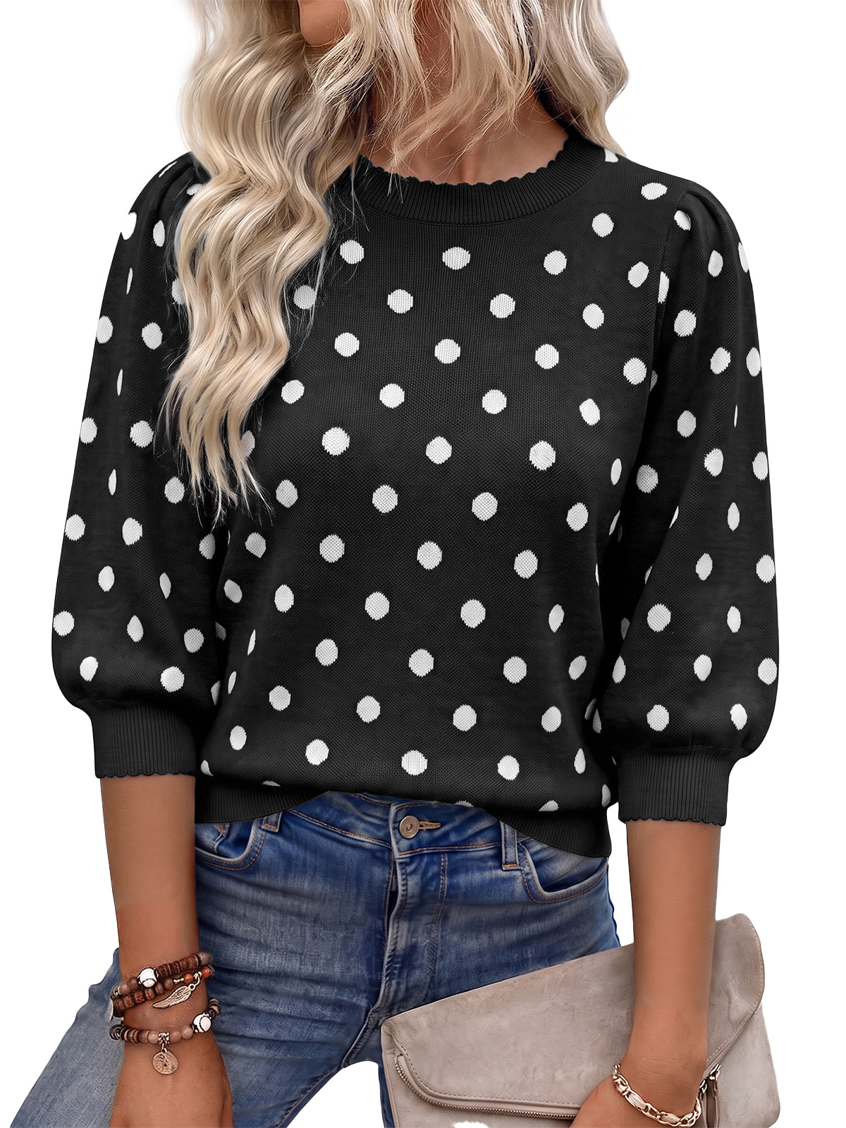 Womens Black 3/4 Puff Sleeve Sweaters | CicyBell