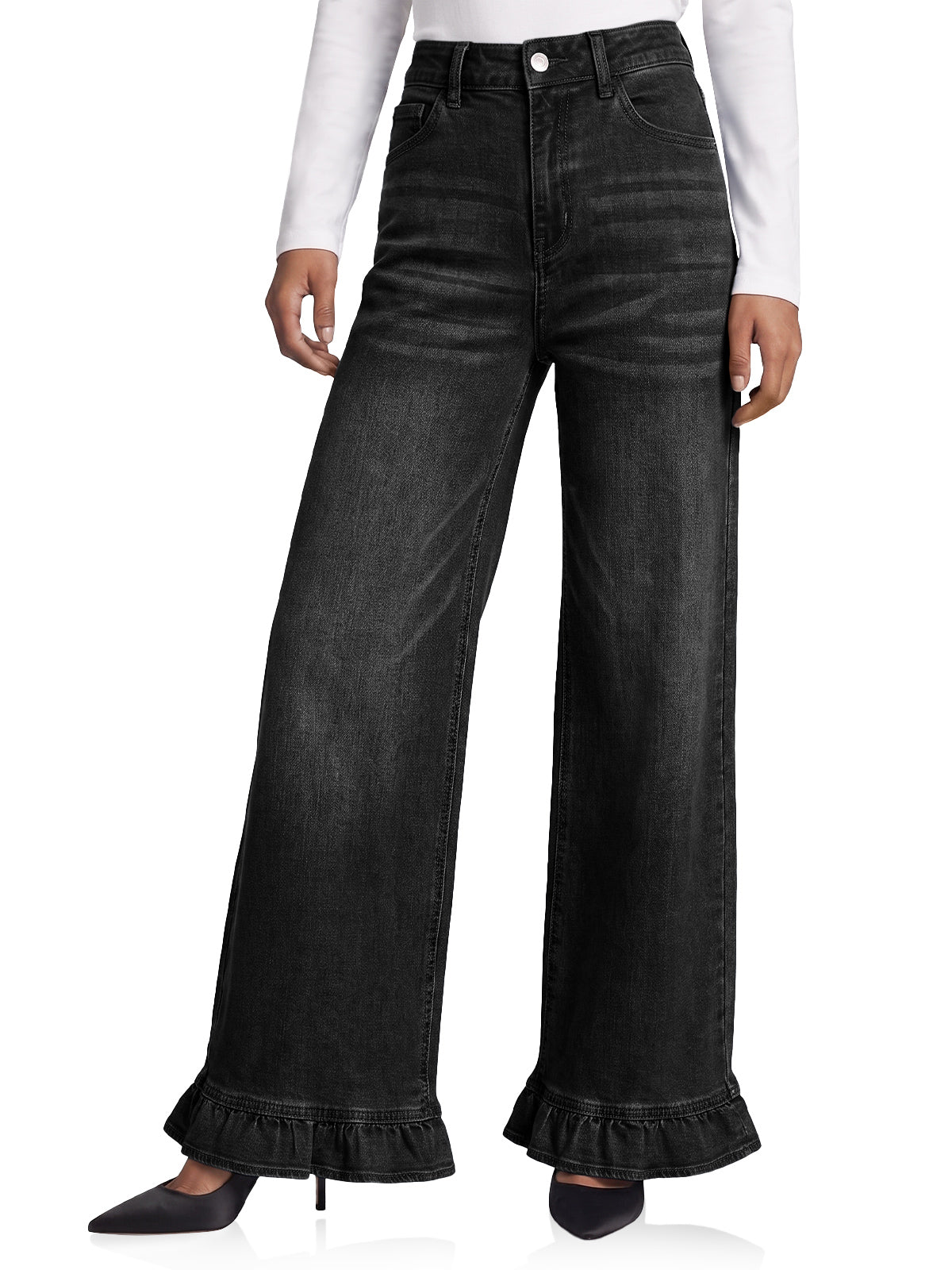 Womens Black Ruffle Wide Leg Jeans | CicyBell