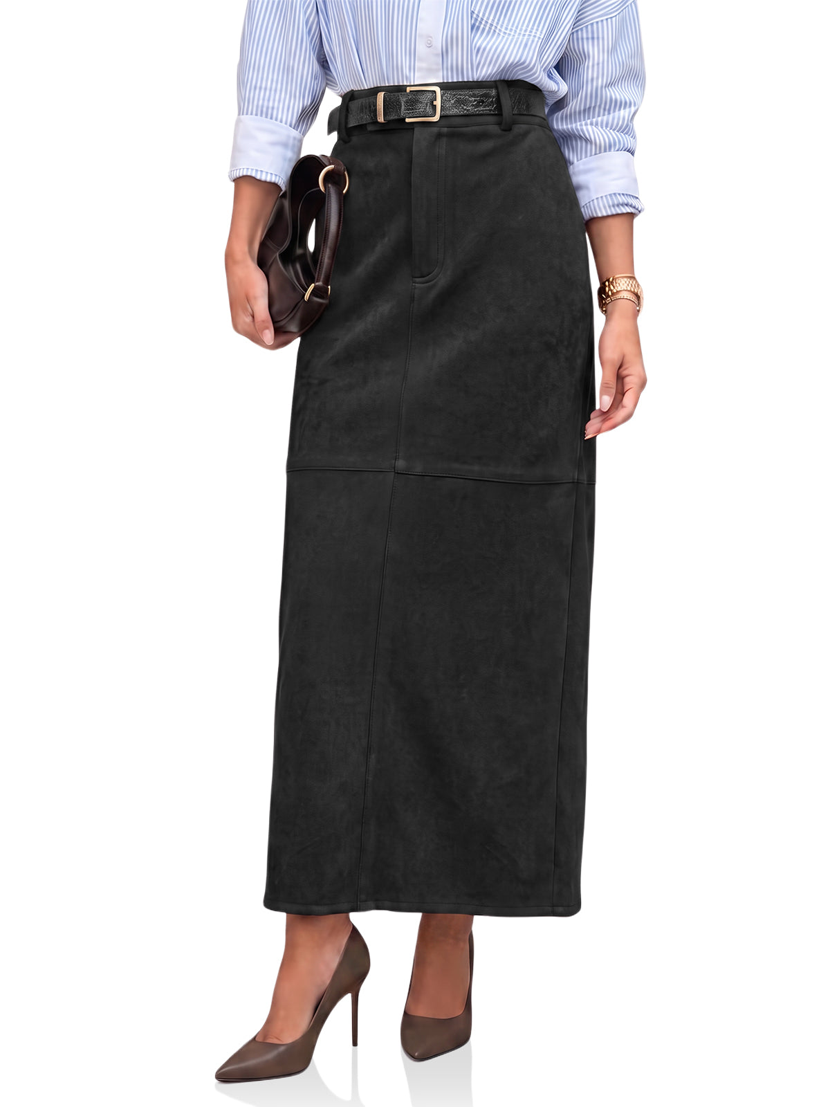 Womens Black Suede Maxi Skirt | CicyBell